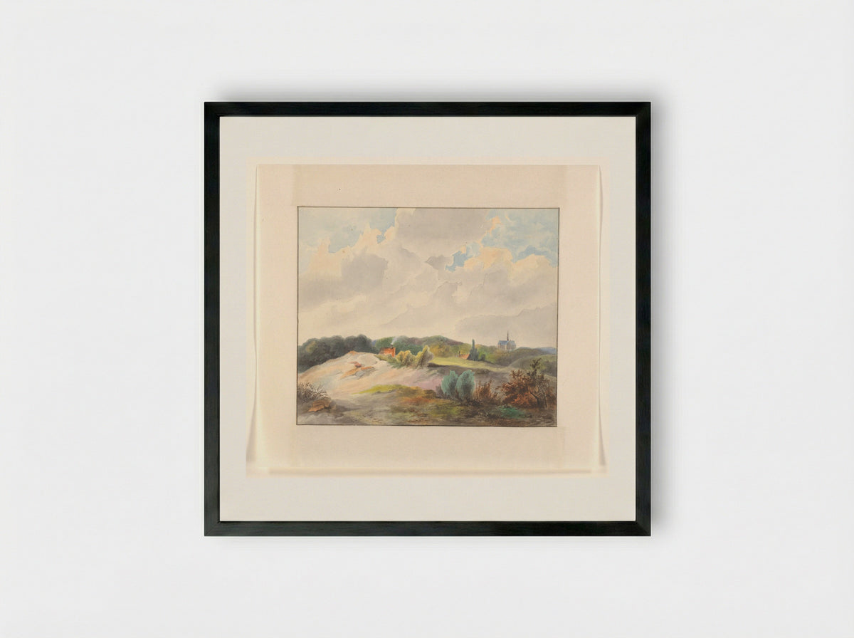Duinlandschap met huizen en een kerk - Johannes van Reijn - Framed Print Black