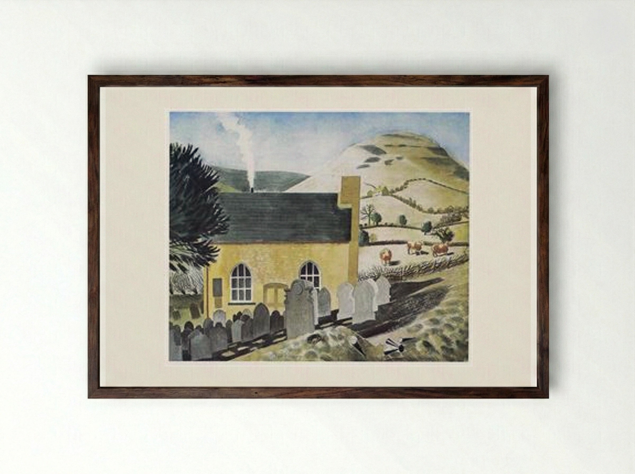 Duke of Hereford's Knob and Baptist Chapel at Capel-y-ffin - Eric Ravilious - Framed Print Dark Wood