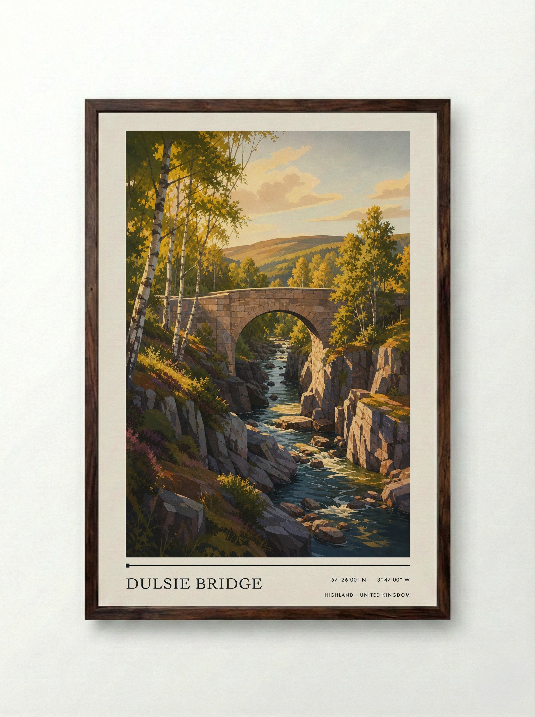 Dulsie Bridge Highland United Kingdom Travel Poster - Framed Print Dark Wood