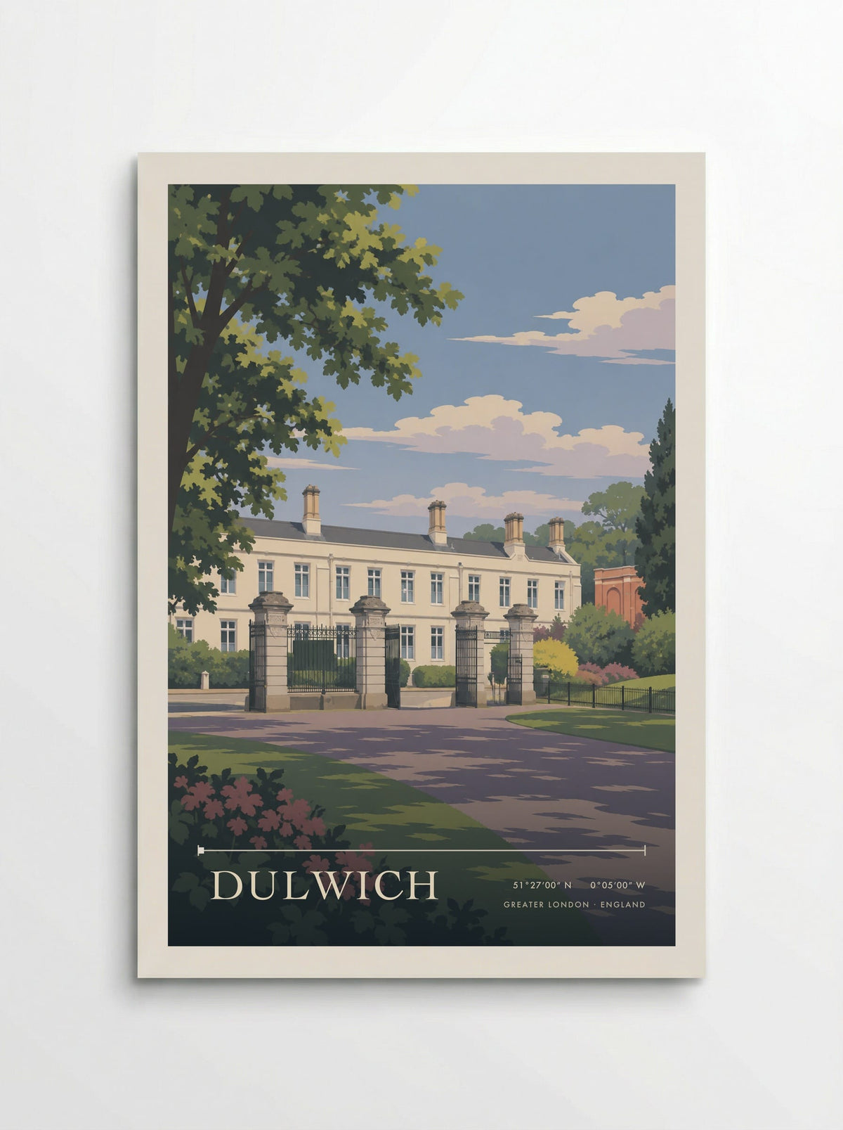 Dulwich, Greater London travel poster: carved stone gate piers, black ironwork and a long pale frontage set among leafy trees and pink spring flowers