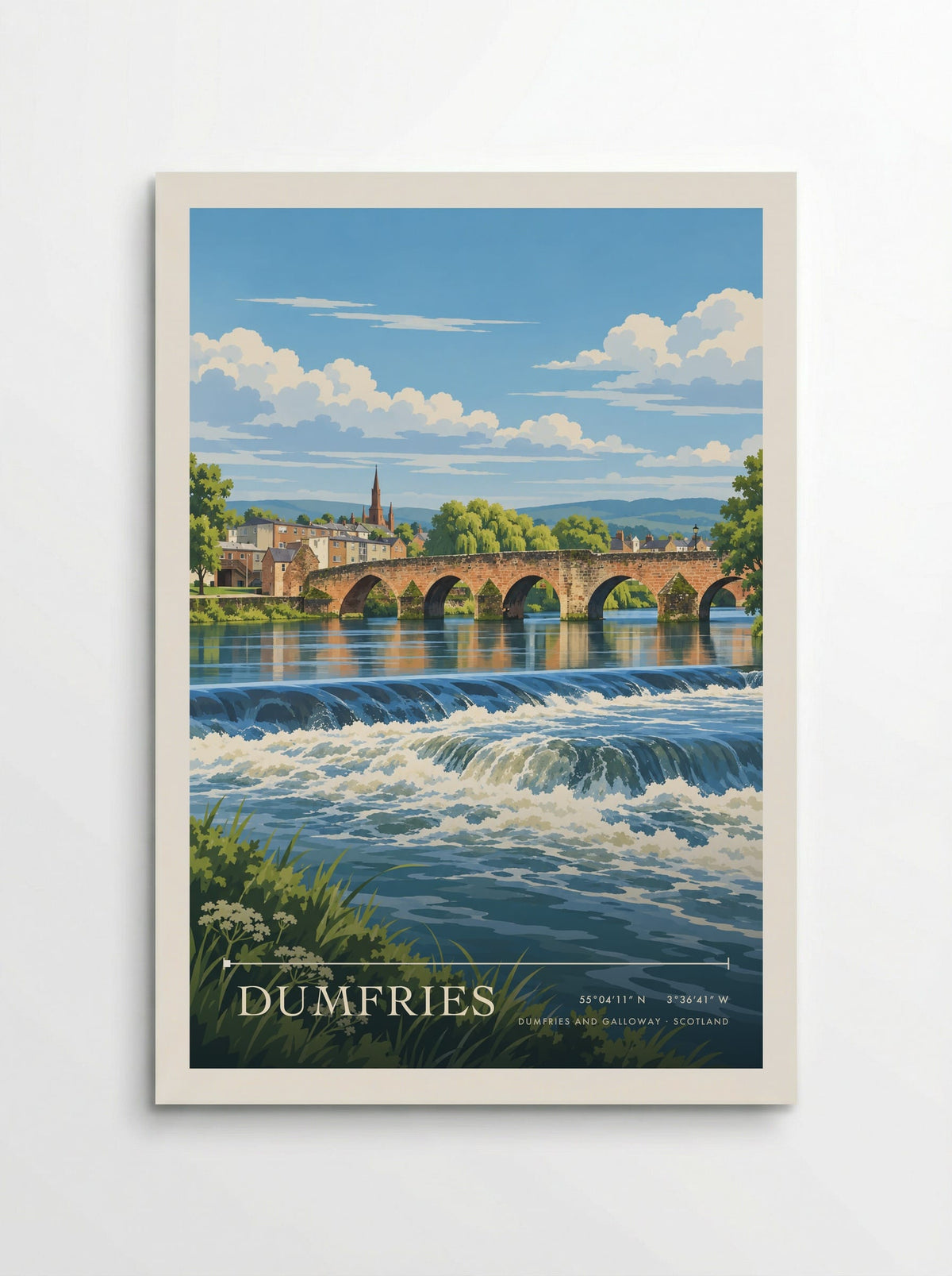 Dumfries, Dumfries and Galloway travel poster: old sandstone bridge arches, blue river reflections and a foaming weir below green summer trees