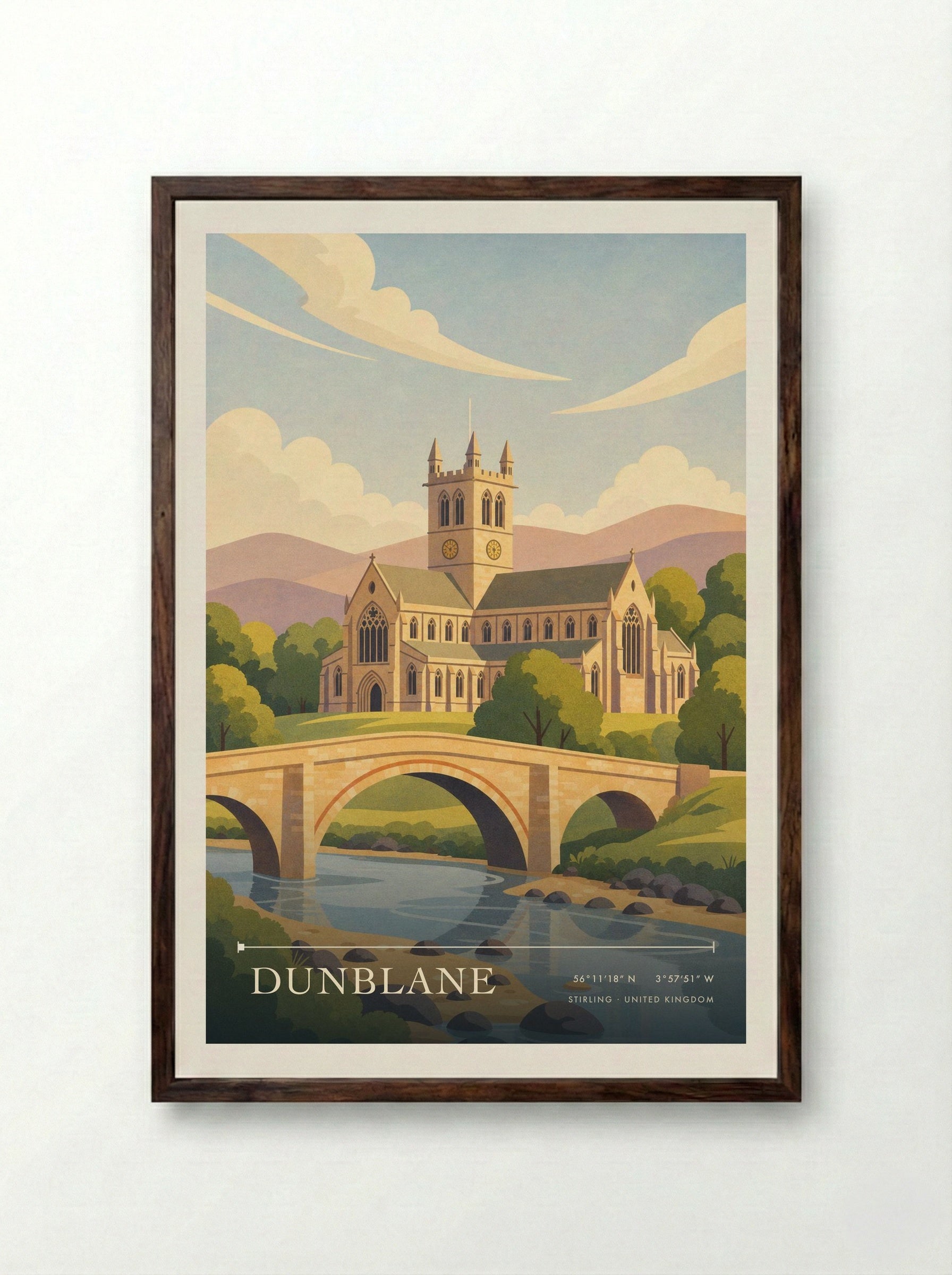 Dunblane Stirling United Kingdom Travel Poster - Framed Print Dark Wood