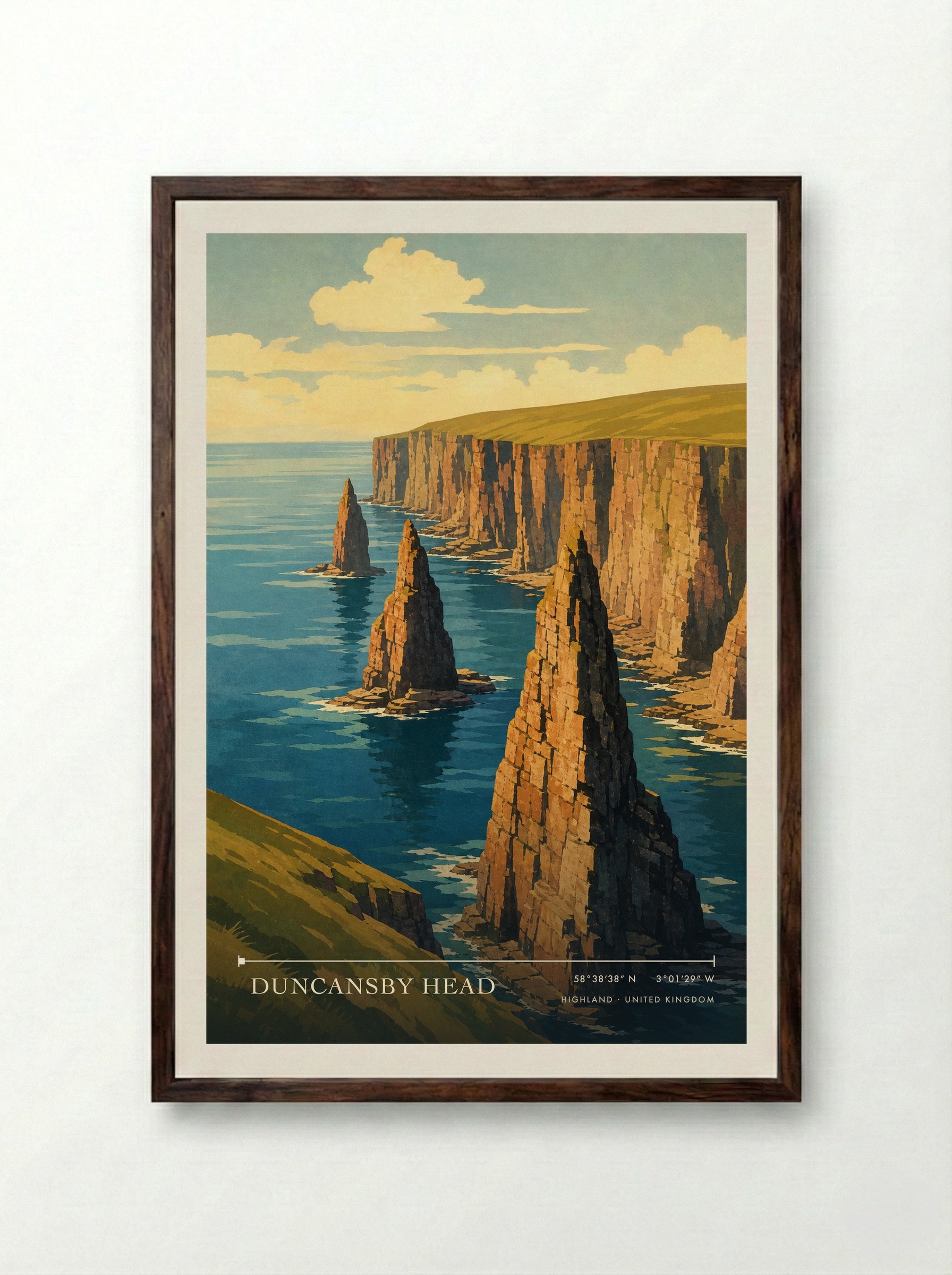 Duncansby Head Highland United Kingdom Travel Poster - Framed Print Dark Wood