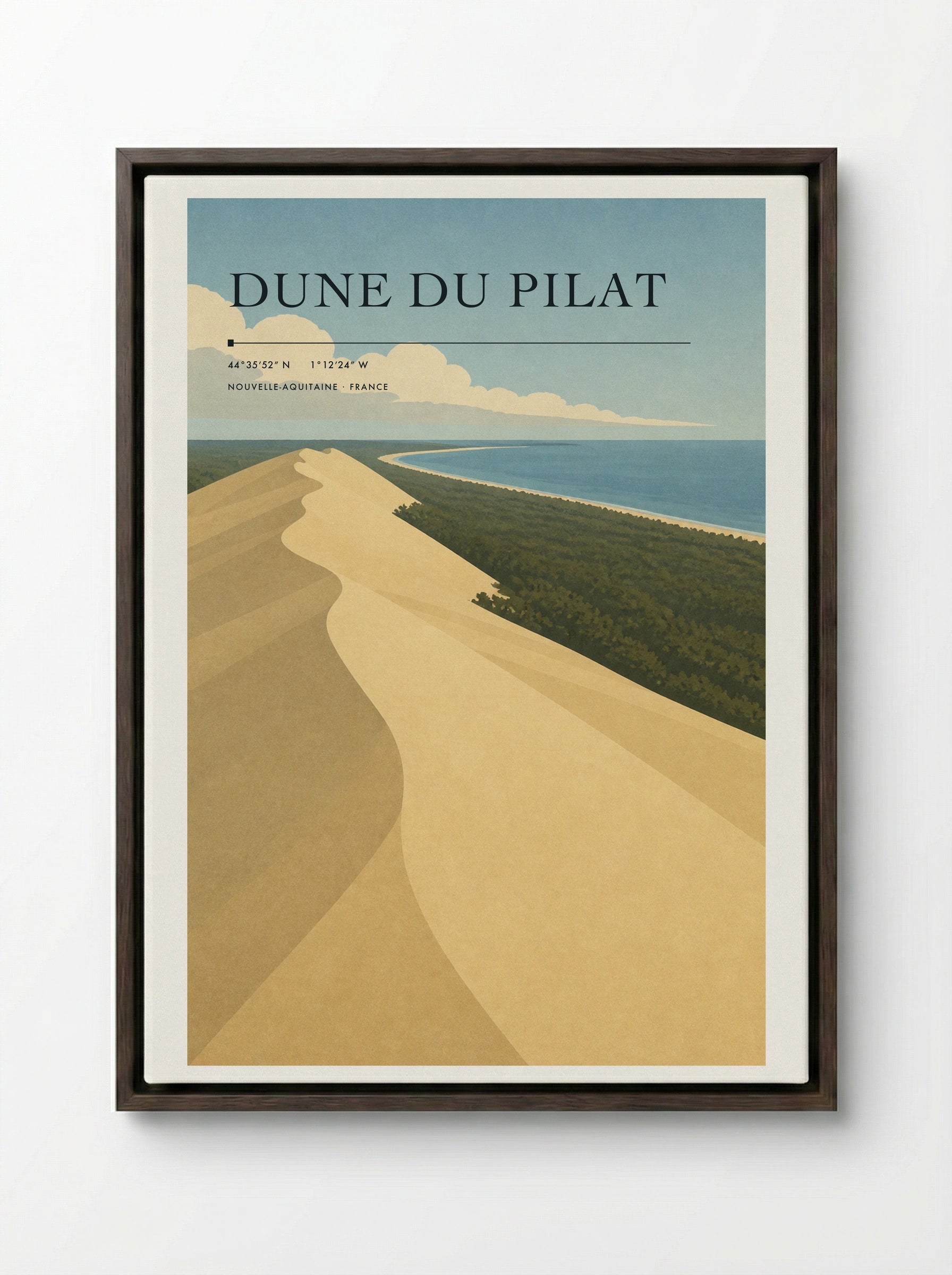 Dune du Pilat Travel Poster Artwork - Framed Canvas Dark Wood