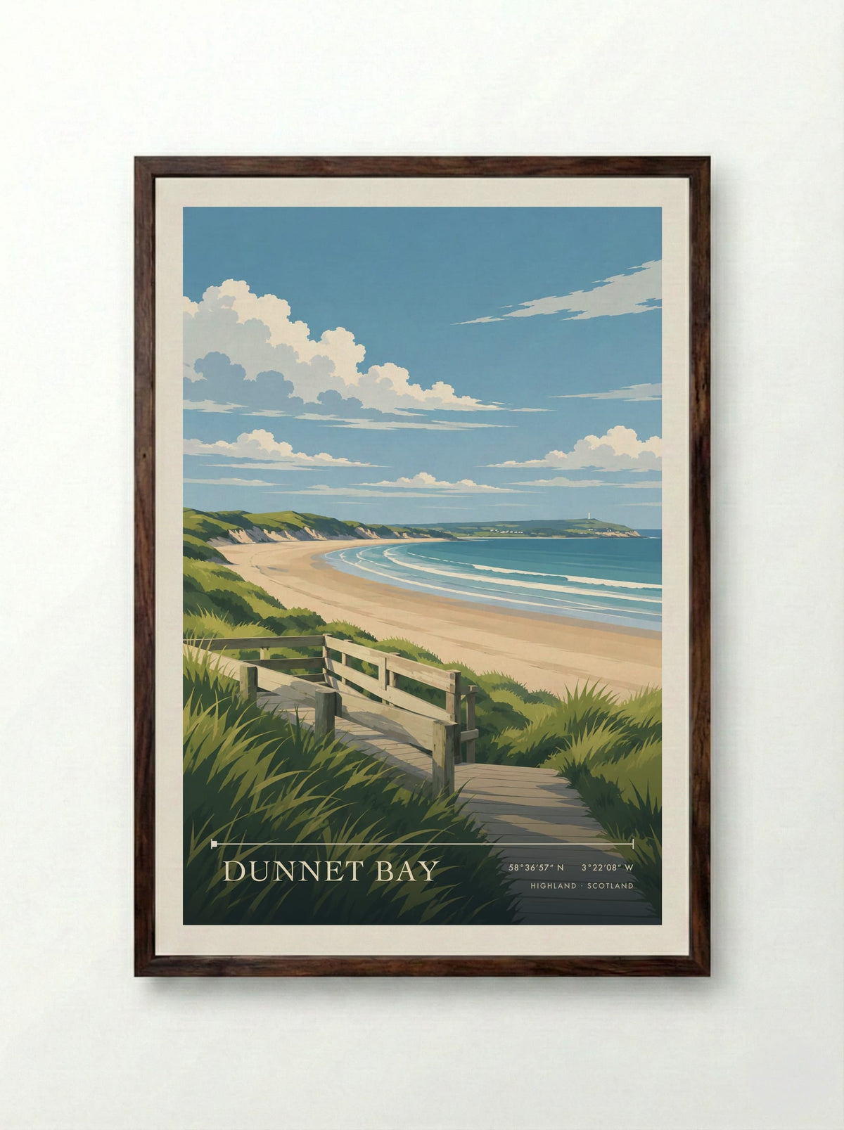 Dunnet Bay, Highland | Travel Poster - Framed Print Dark Wood