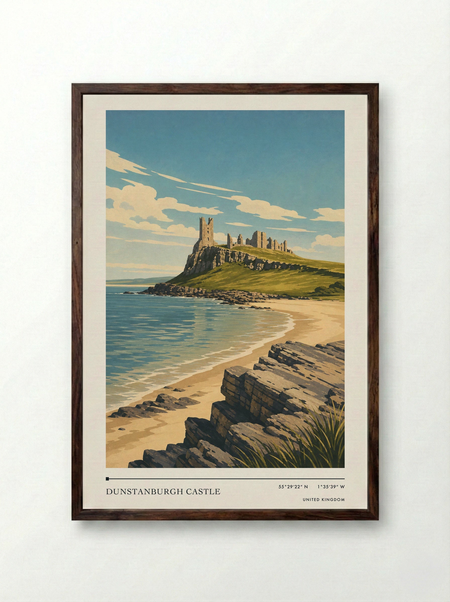 Dunstanburgh Castle United Kingdom Travel Poster - Framed Print Dark Wood