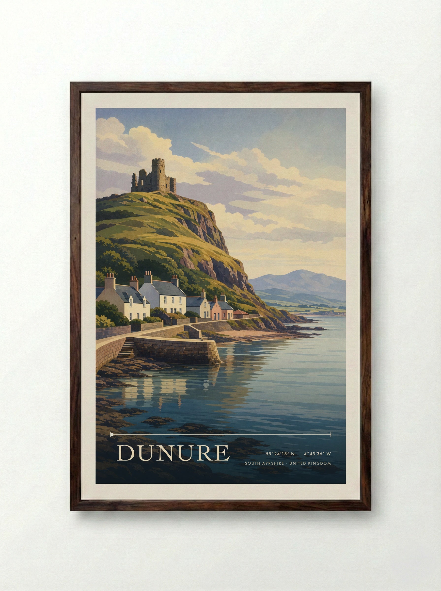 Dunure South Ayrshire United Kingdom Travel Poster - Framed Print Dark Wood