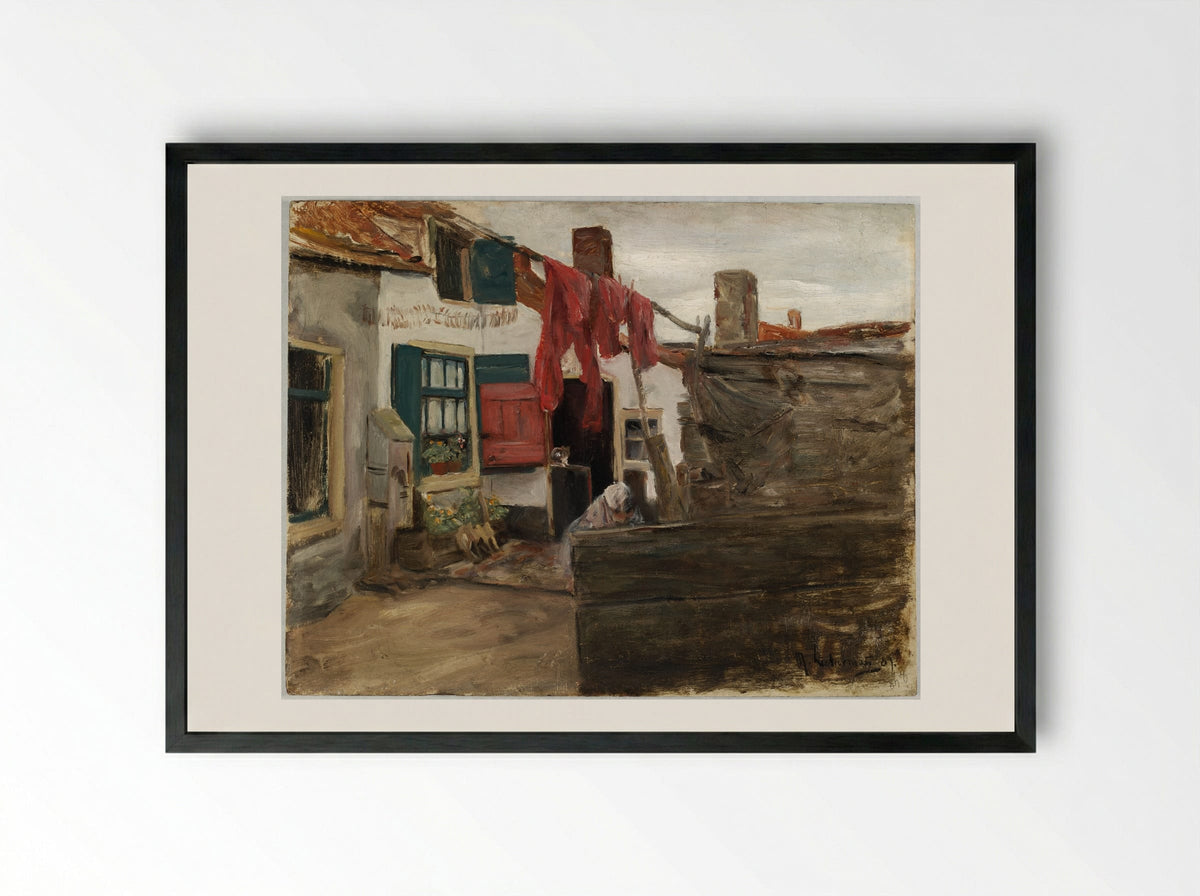 Dutch Village Scene with Hanging Laundry - Max Liebermann - Framed Print Black