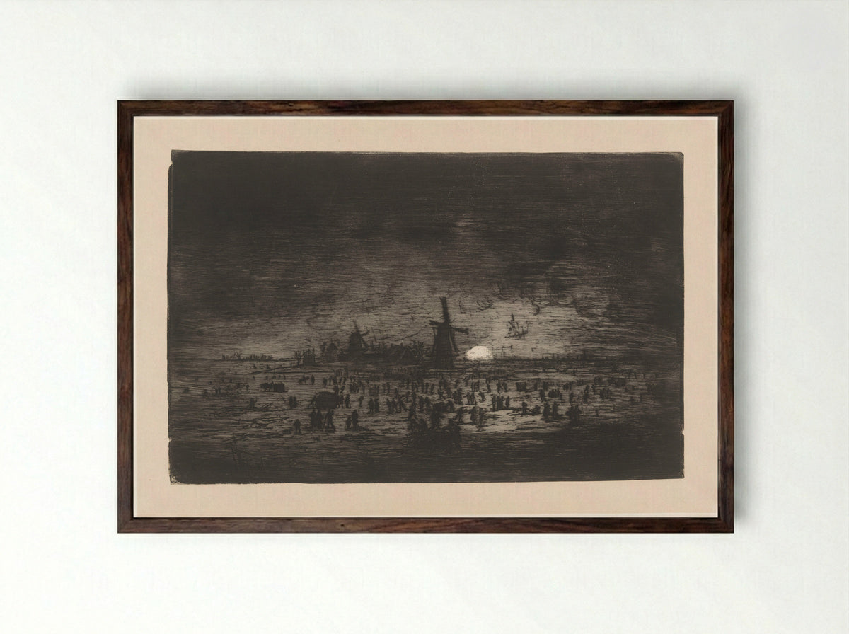 Dutch Winter Landscape with Windmills and Skaters - Ludovic Napoléon Lepic - Framed Print Dark Wood