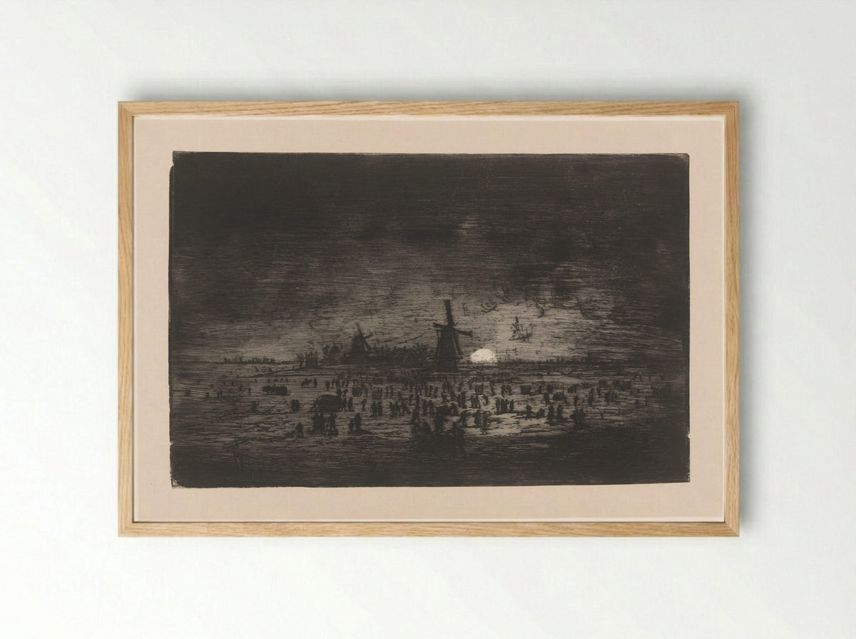Dutch Winter Landscape with Windmills and Skaters - Ludovic Napoléon Lepic - Framed Print Wood