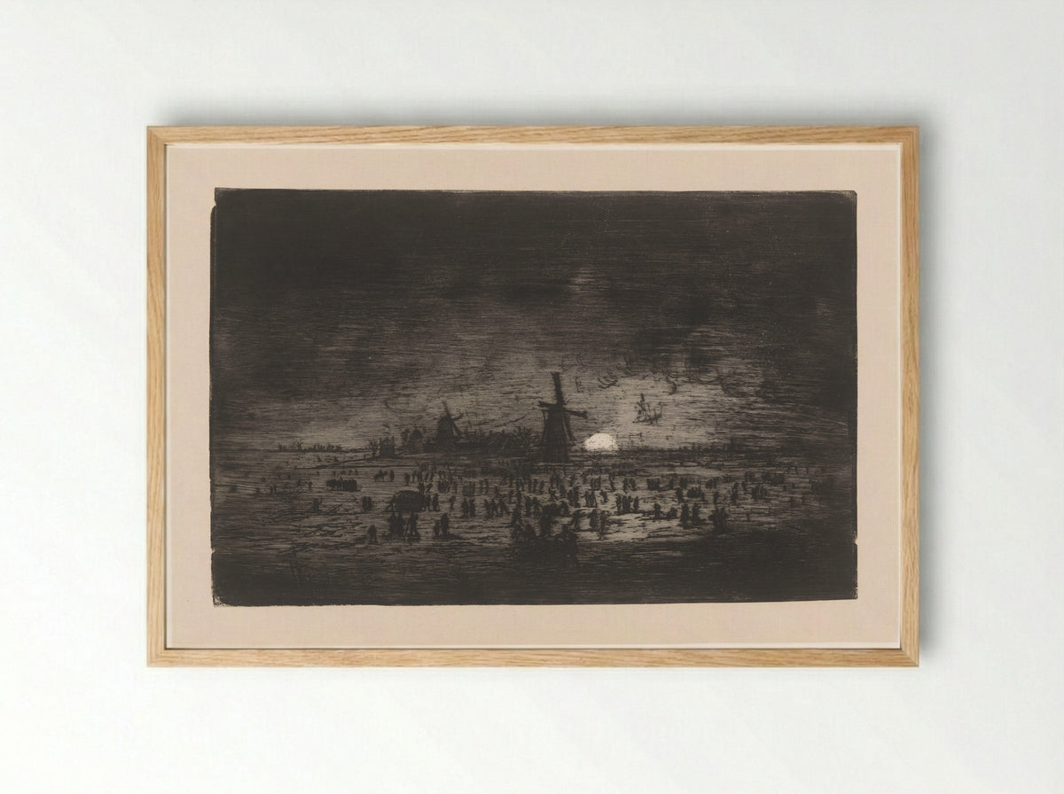 Dutch Winter Landscape with Windmills and Skaters - Ludovic Napoléon Lepic - Framed Print Wood