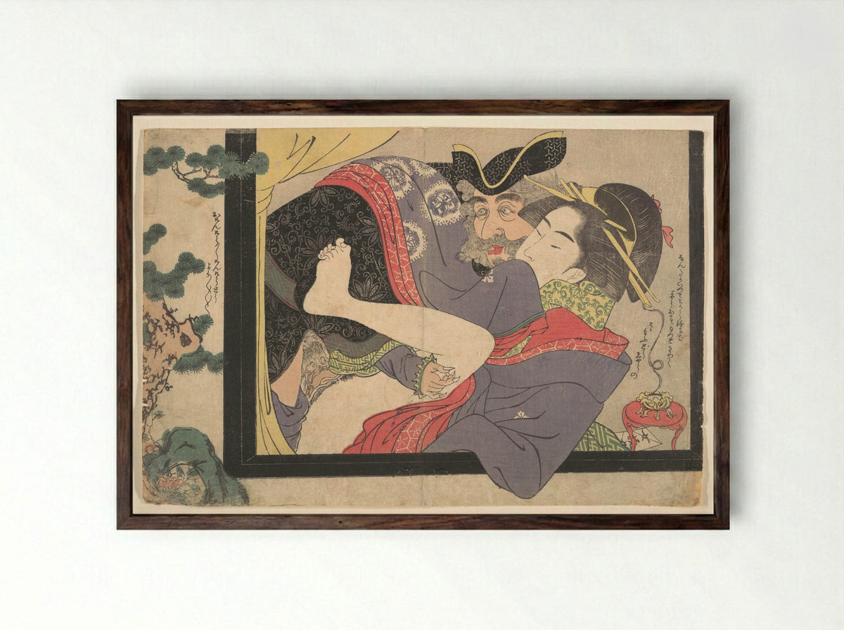 Dutchman and Maruyama Courtesan - Chōkyōsai Eiri - Framed Print Dark Wood
