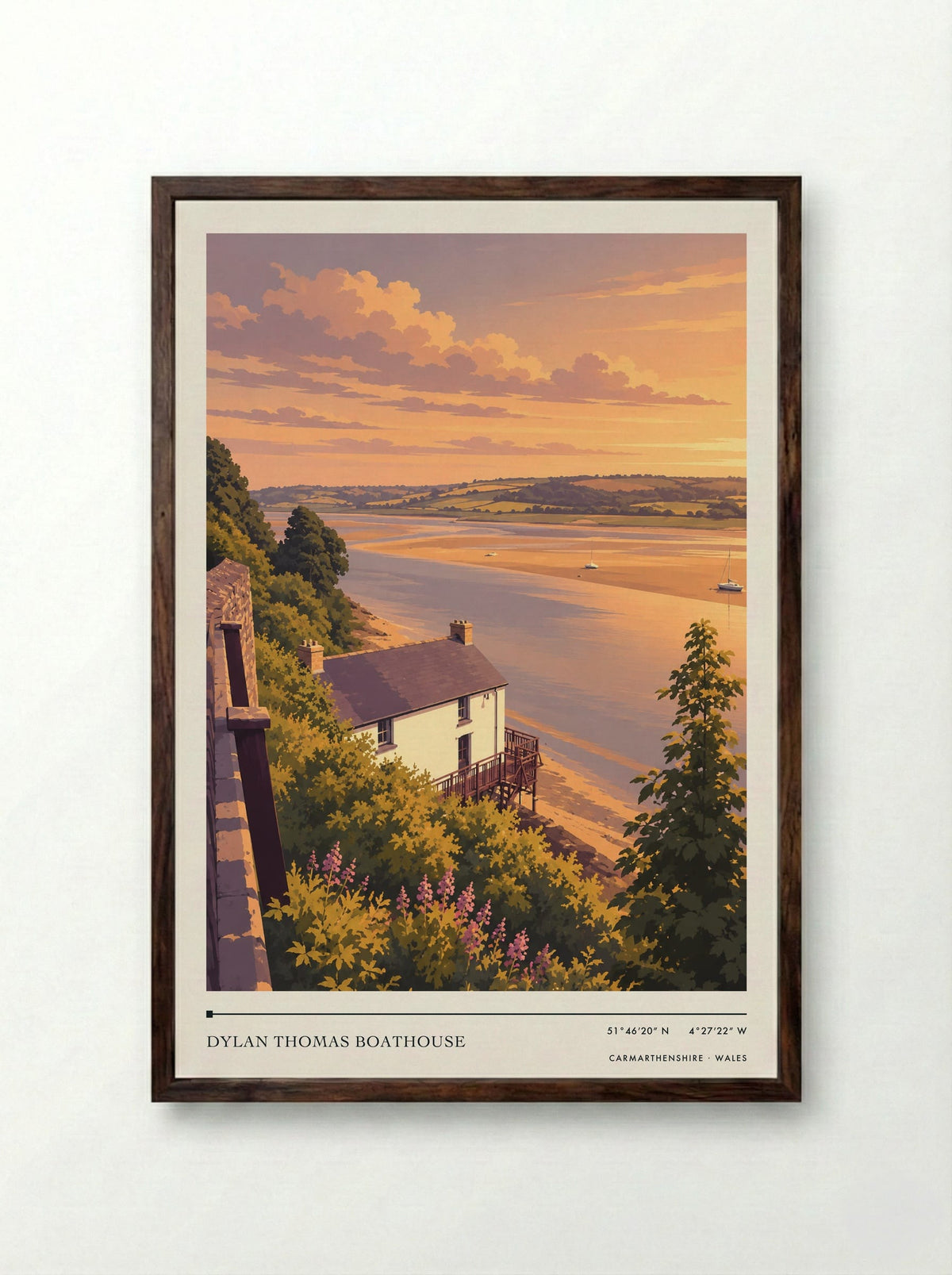 Dylan Thomas Boathouse, Carmarthenshire | Travel Poster - Framed Print Dark Wood