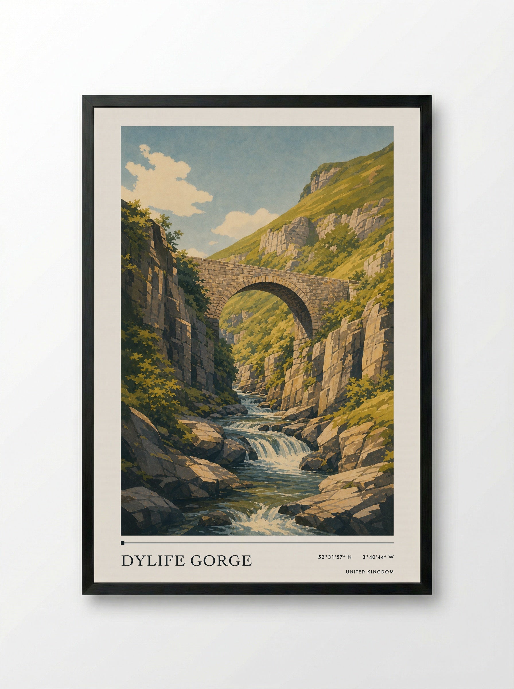 Dylife Gorge United Kingdom Travel Poster - Framed Print Black