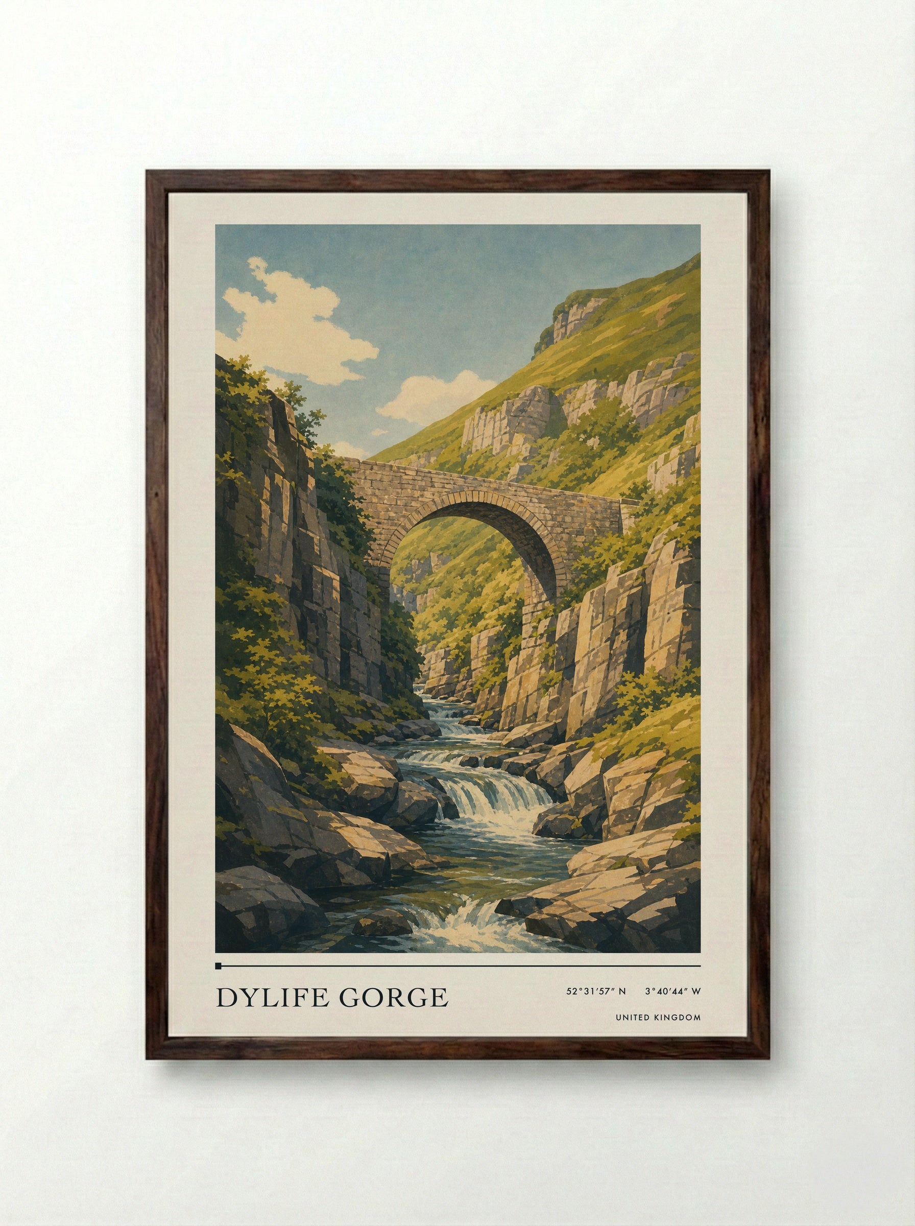 Dylife Gorge United Kingdom Travel Poster - Framed Print Dark Wood