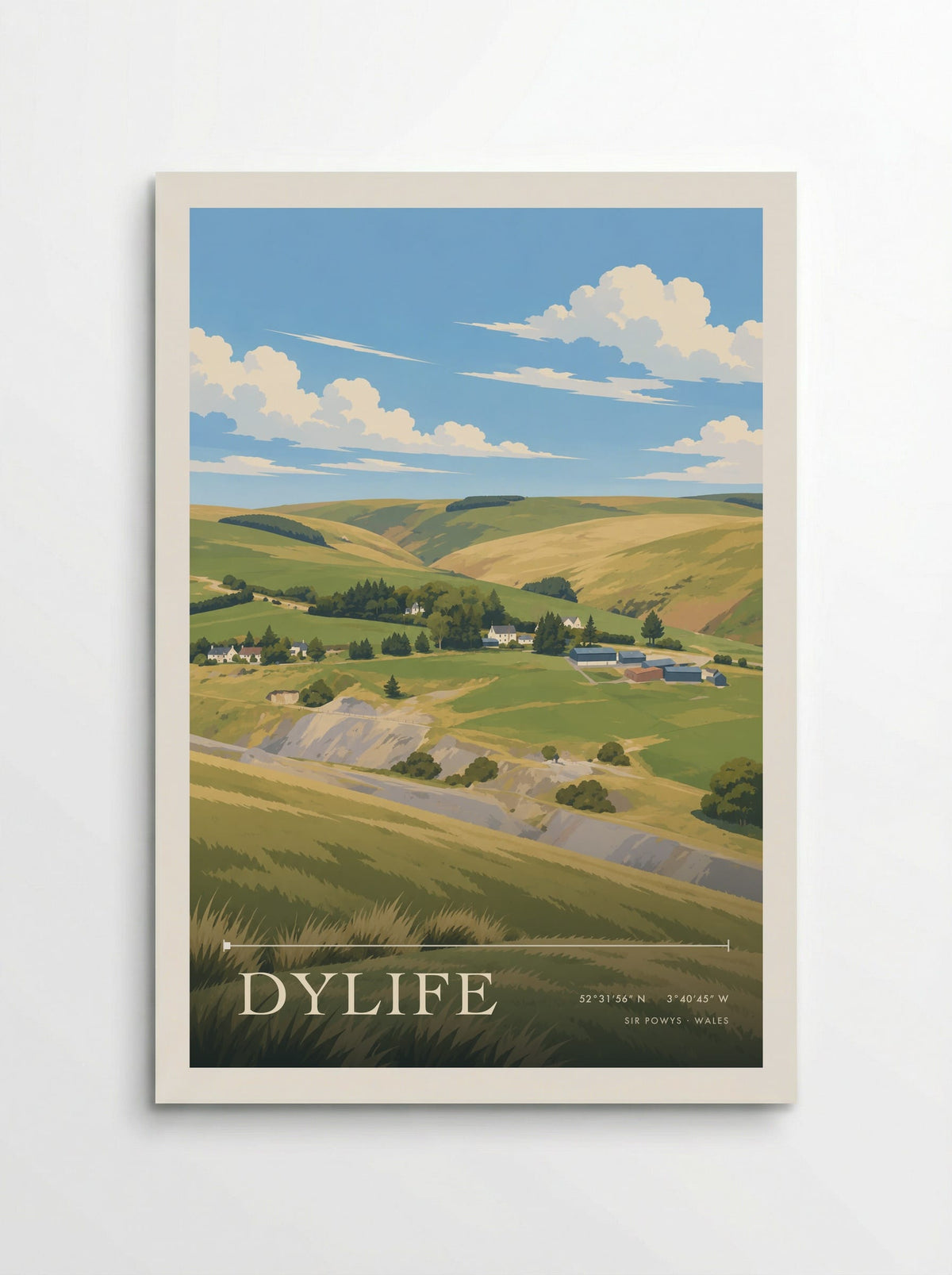 Dylife, Sir Powys travel poster: old lead-mine terraces, white cottages and green Cambrian uplands beneath clear blue sky and soft summer cloud
