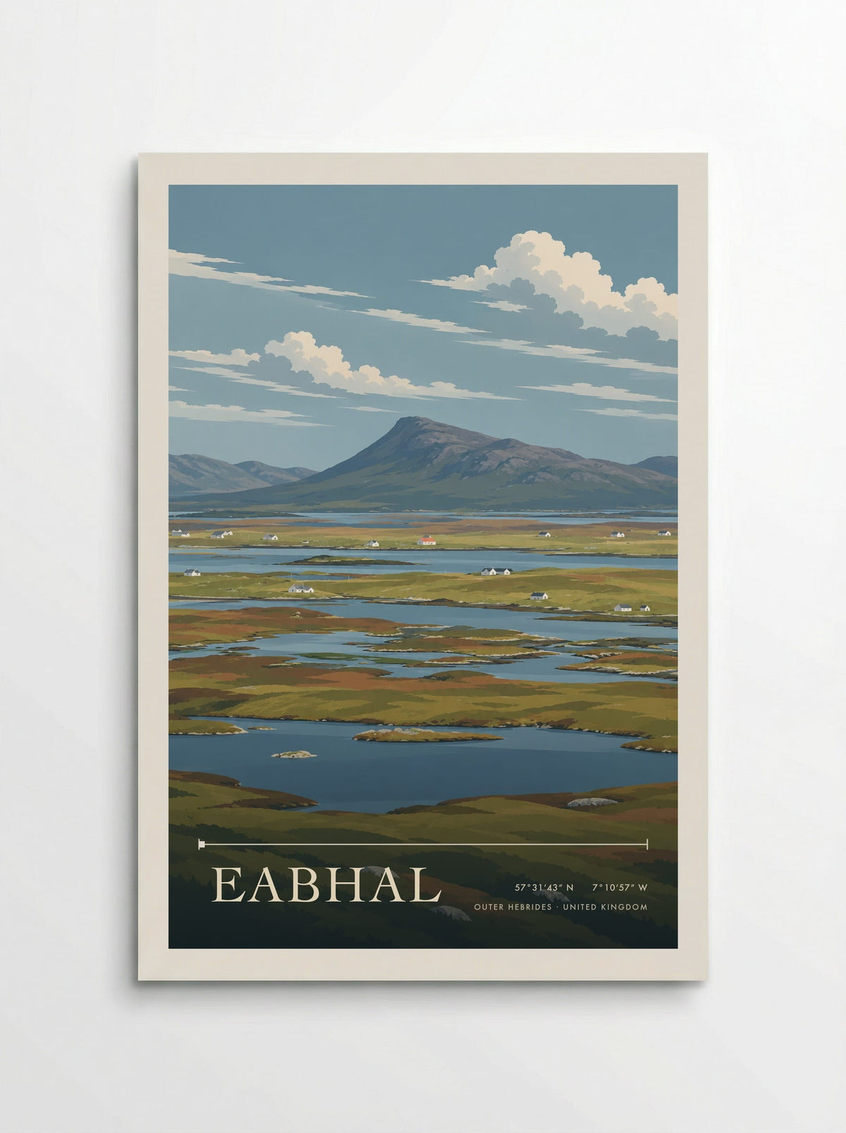 Eabhal, Outer Hebrides travel poster: scattered white cottages beneath softly clouded summer light