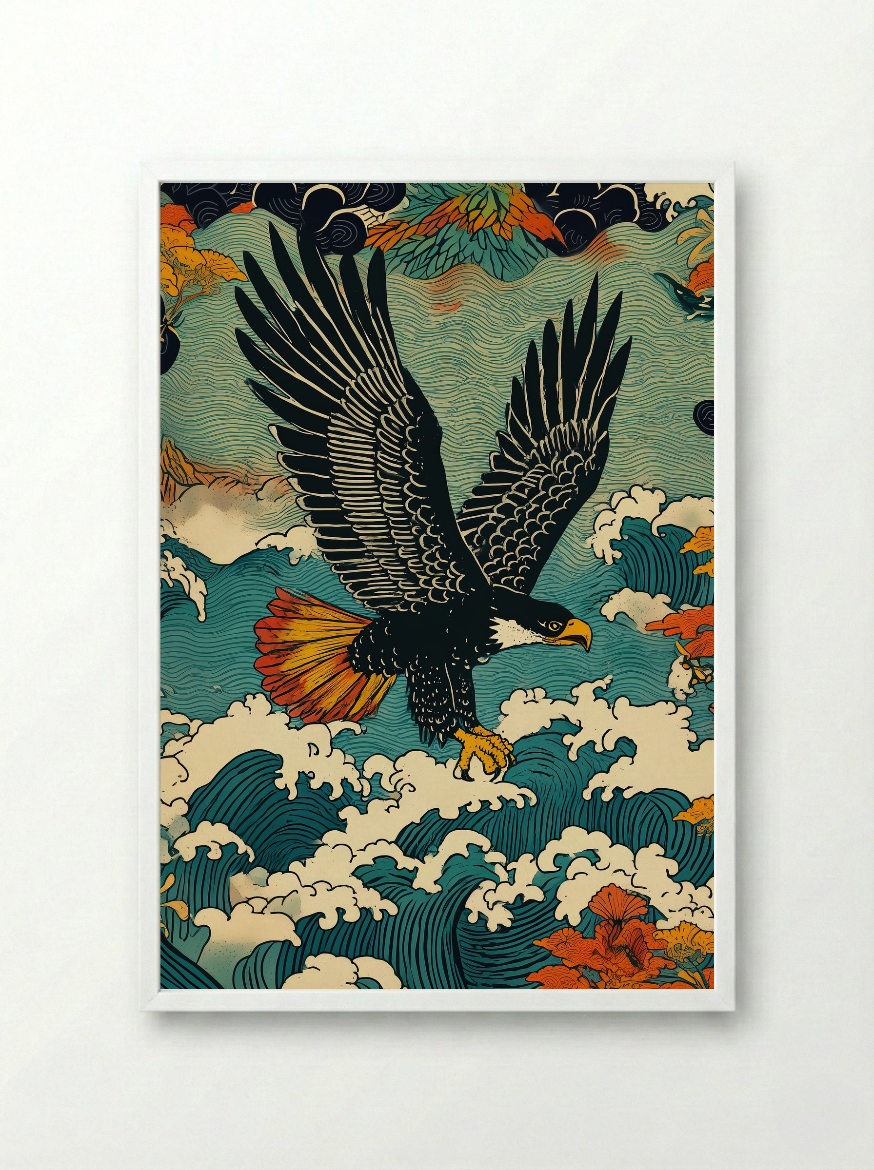 Eagle Above Waves and Blossoms - Japanese Tattoo Style Print - Framed Print White