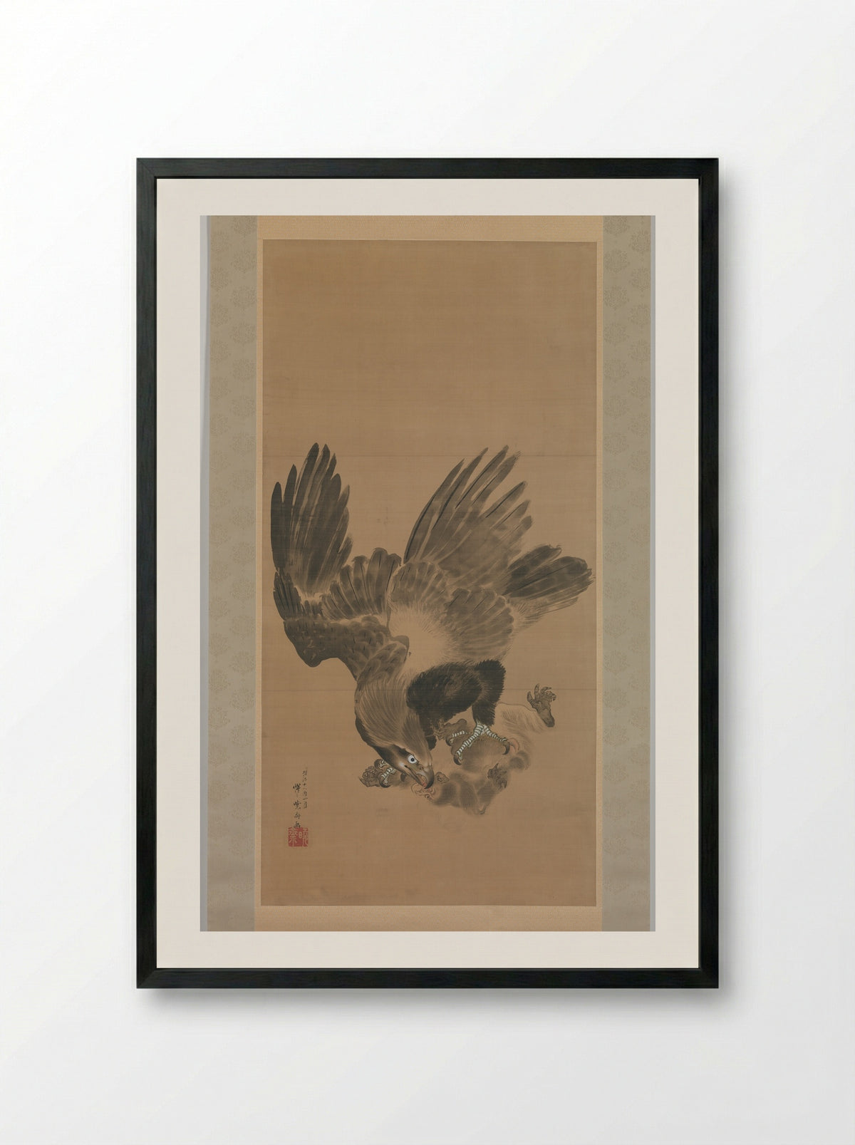 Eagle Attacking a Monkey - Kawanabe Kyōsai - Framed Print Black