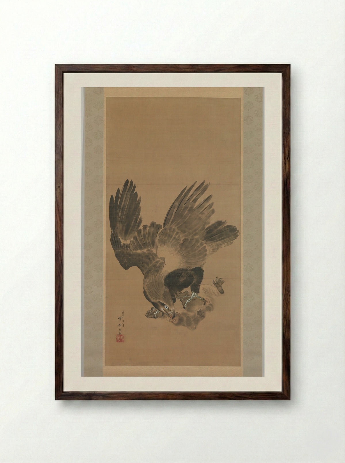 Eagle Attacking a Monkey - Kawanabe Kyōsai - Framed Print Dark Wood