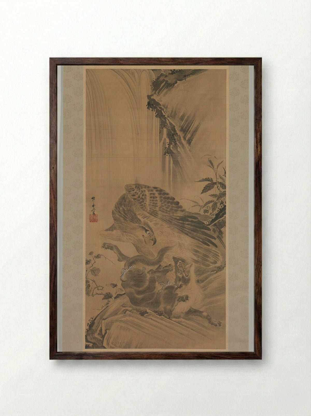 Eagle Attacking a Mountain Lion - Kawanabe Kyōsai - Framed Print Dark Wood