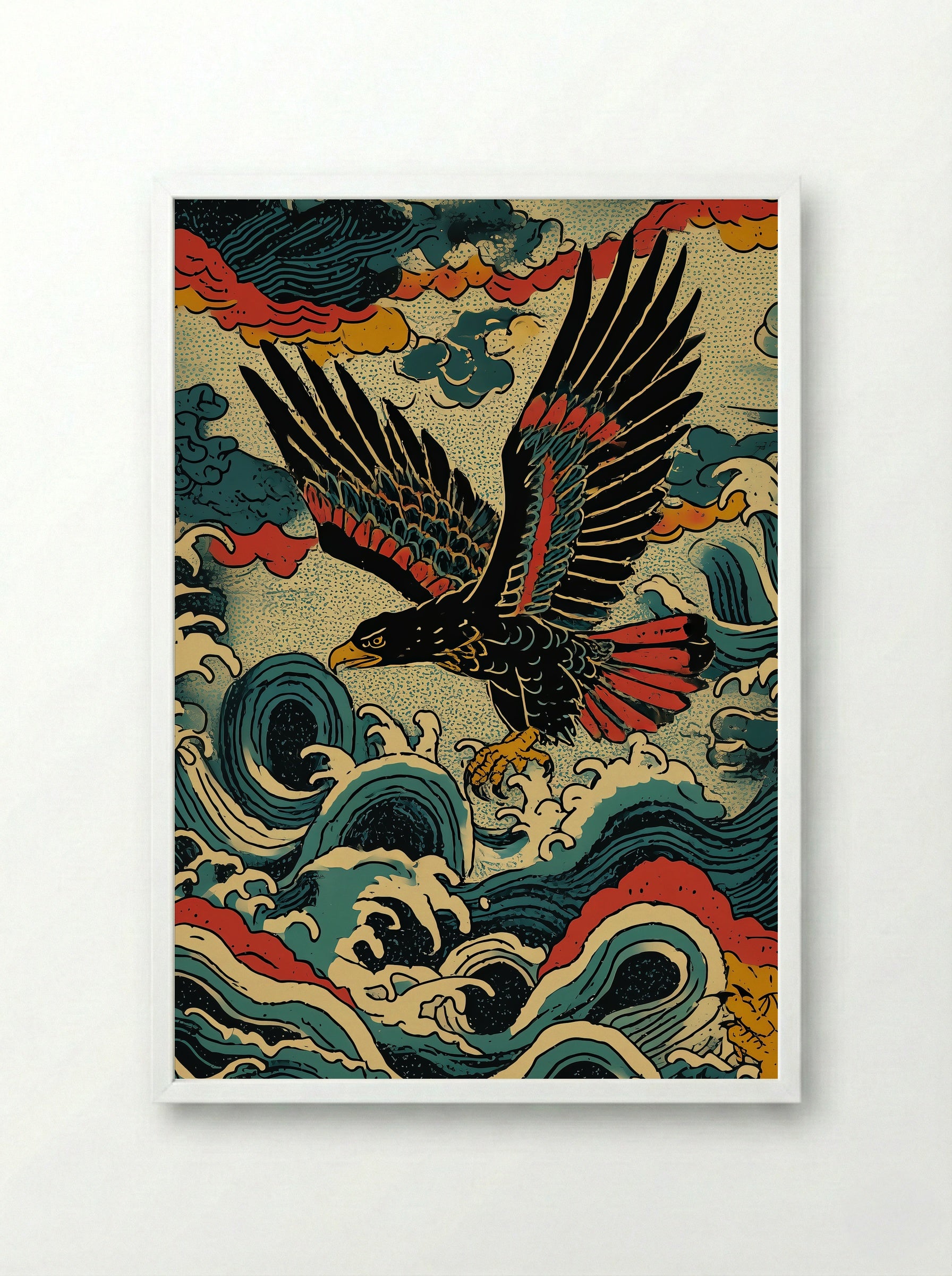 Eagle in Stormy Seas - Japanese Ukiyo-e Inspired Art Print - Framed Print White