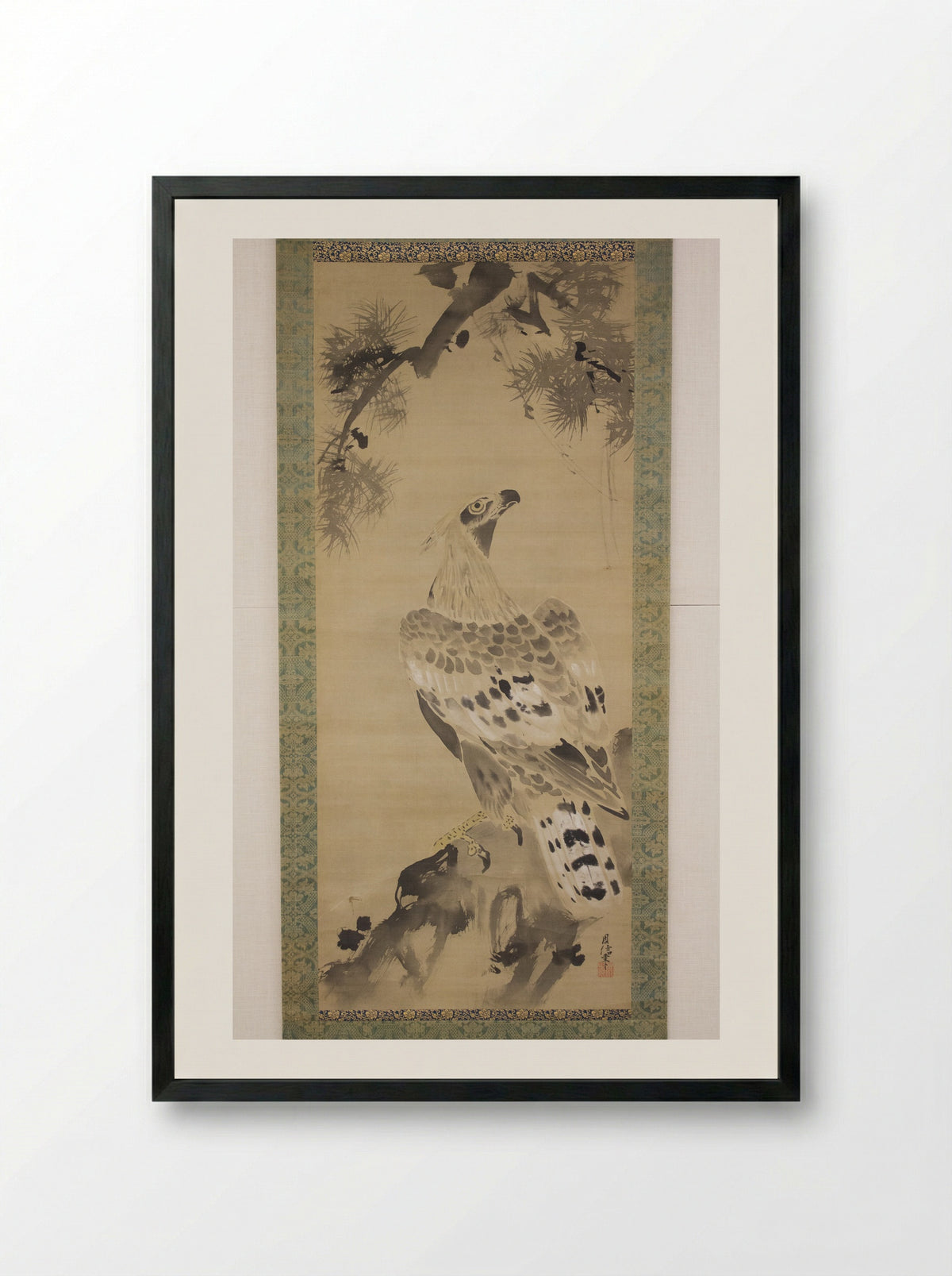 Eagle on a Pine Branch - Kano Chikanobu - Framed Print Black