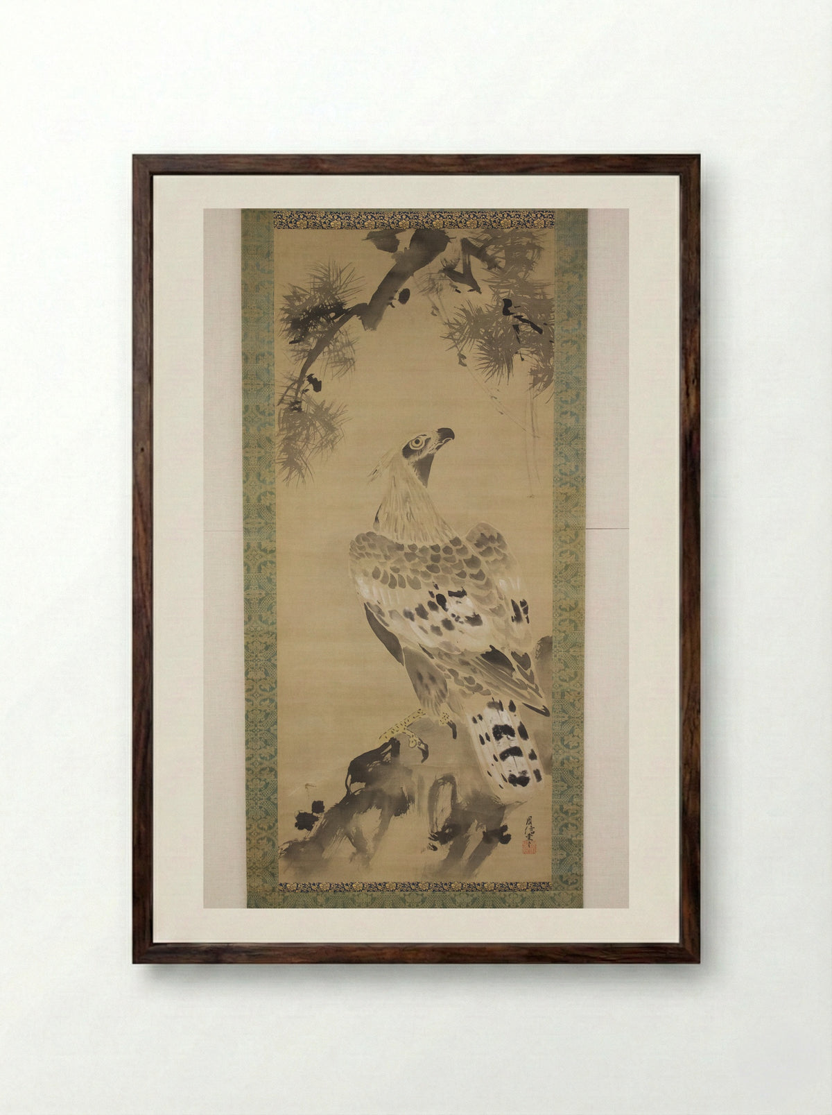 Eagle on a Pine Branch - Kano Chikanobu - Framed Print Dark Wood