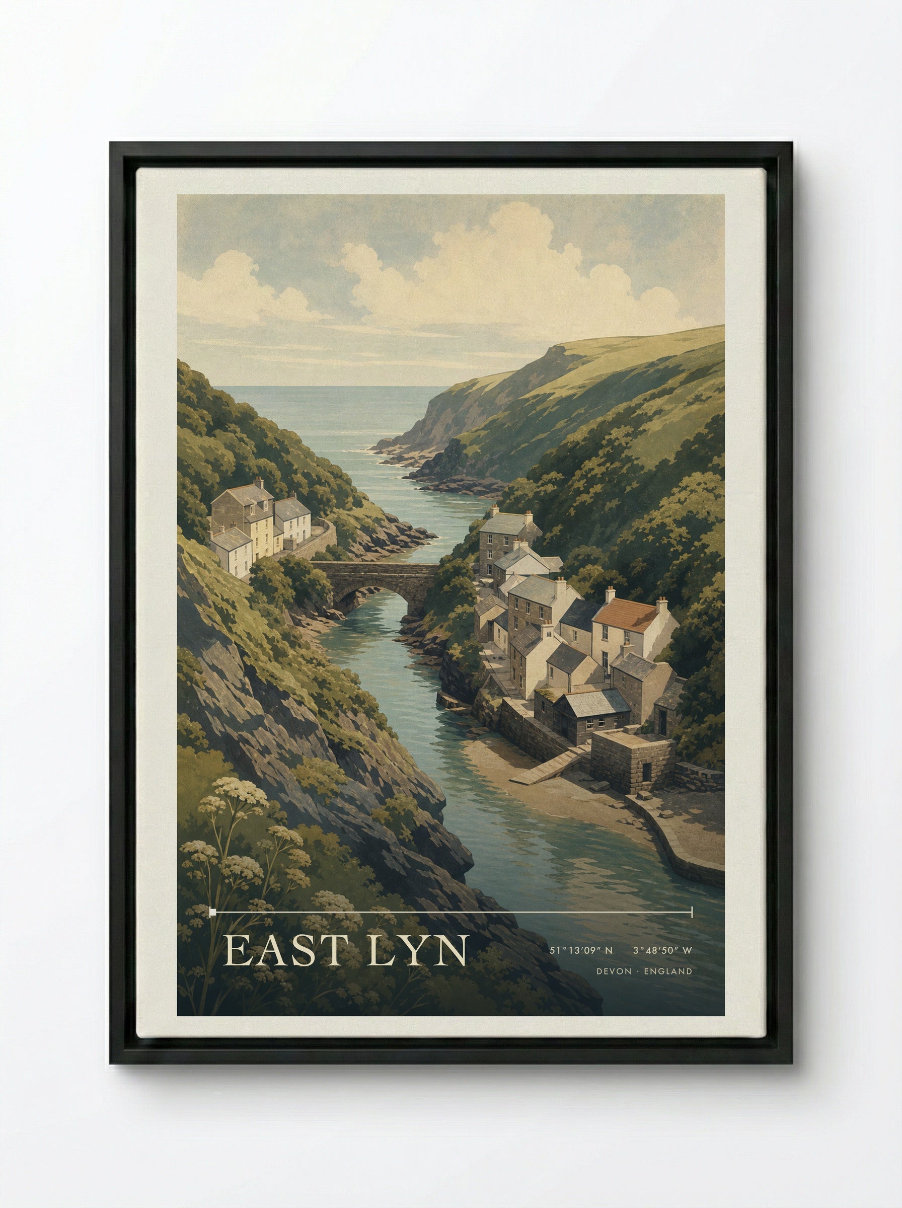 East Lyn Devon England Travel Poster - Framed Canvas Black