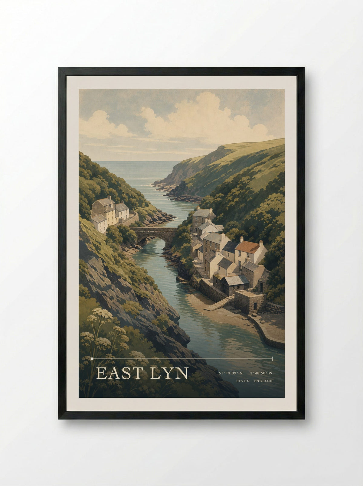 East Lyn Devon England Travel Poster - Framed Print Black