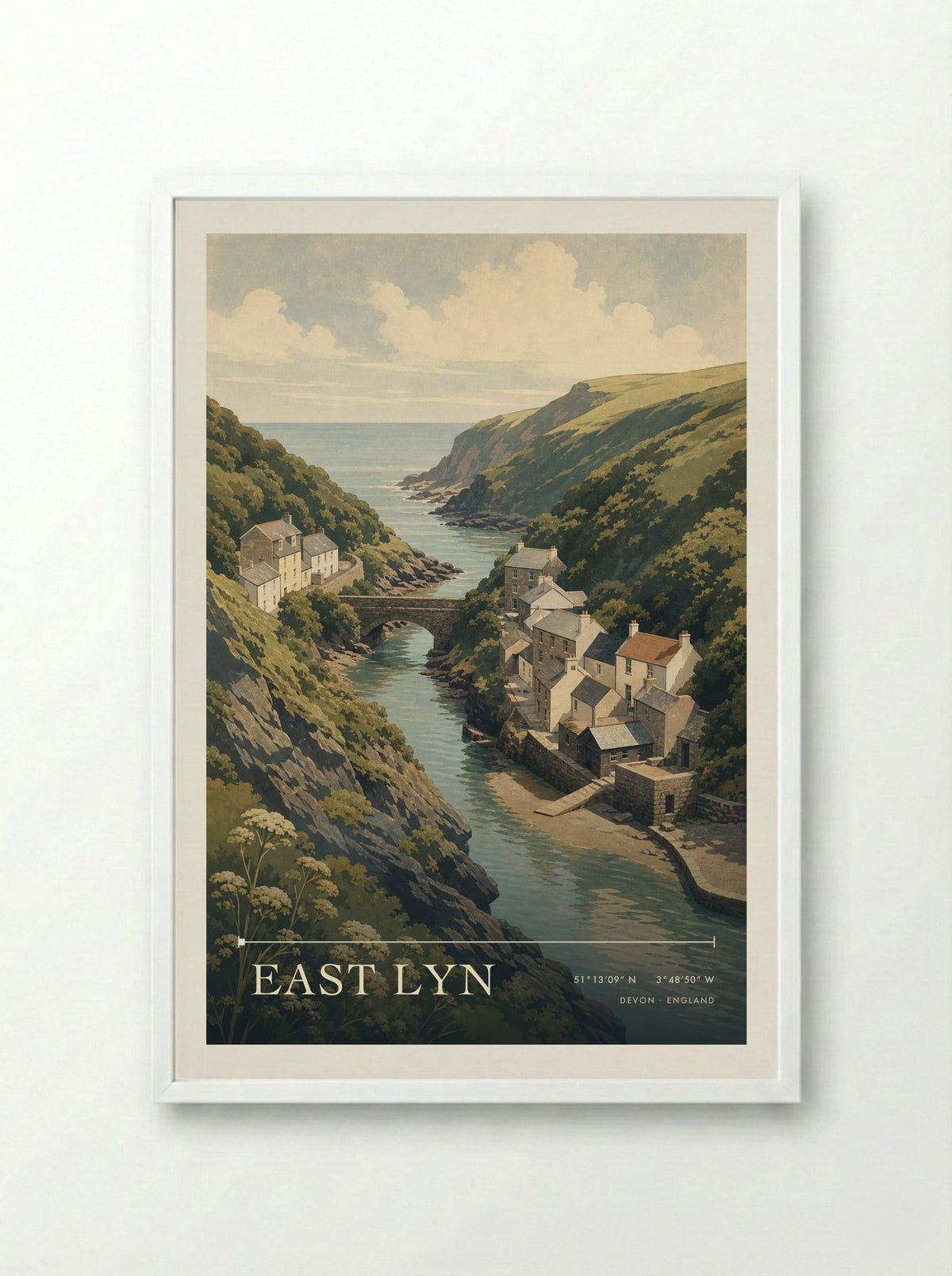 East Lyn Devon England Travel Poster - Framed Print White