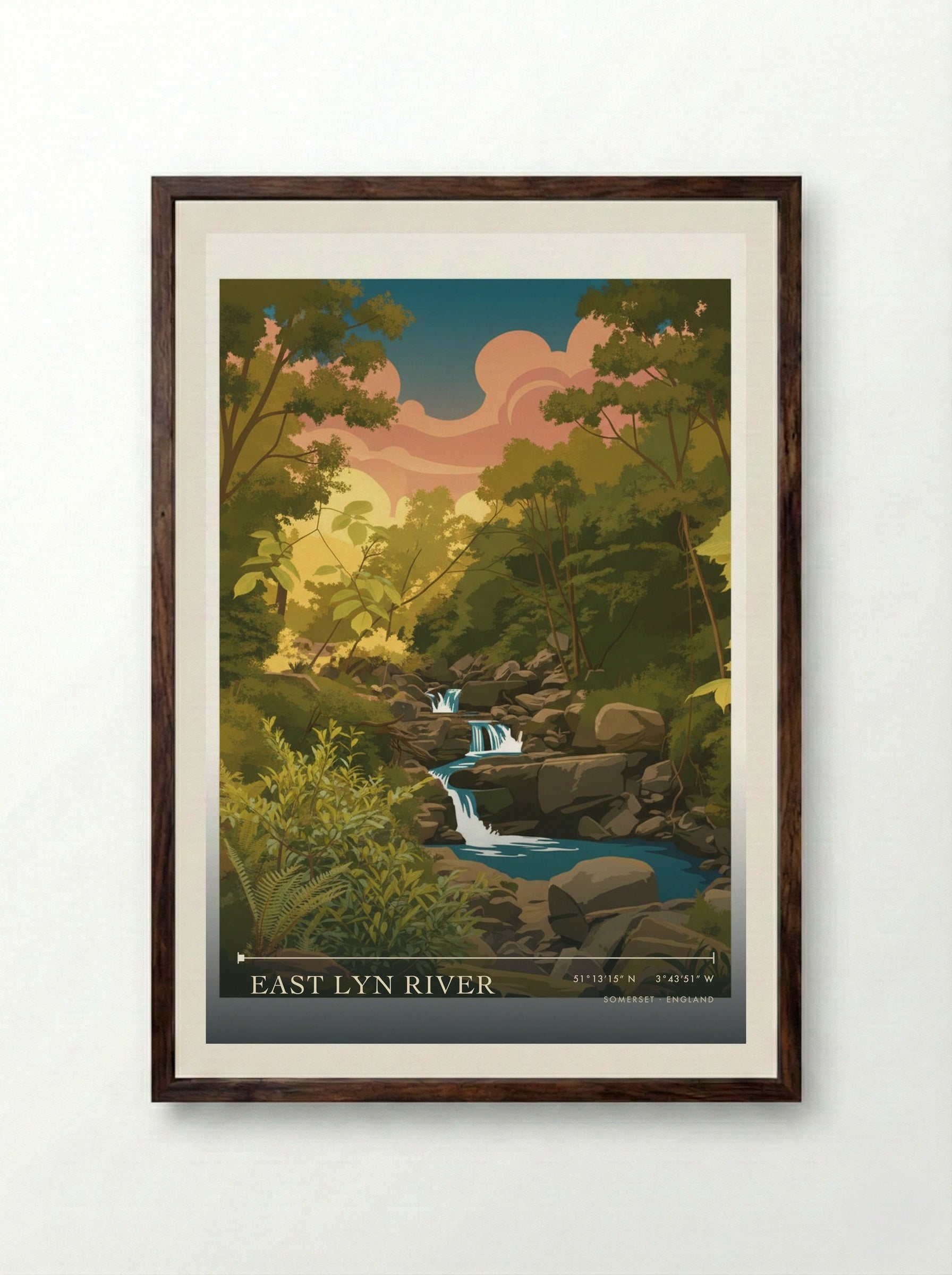 East Lyn River Somerset England Travel Poster - Framed Print Dark Wood