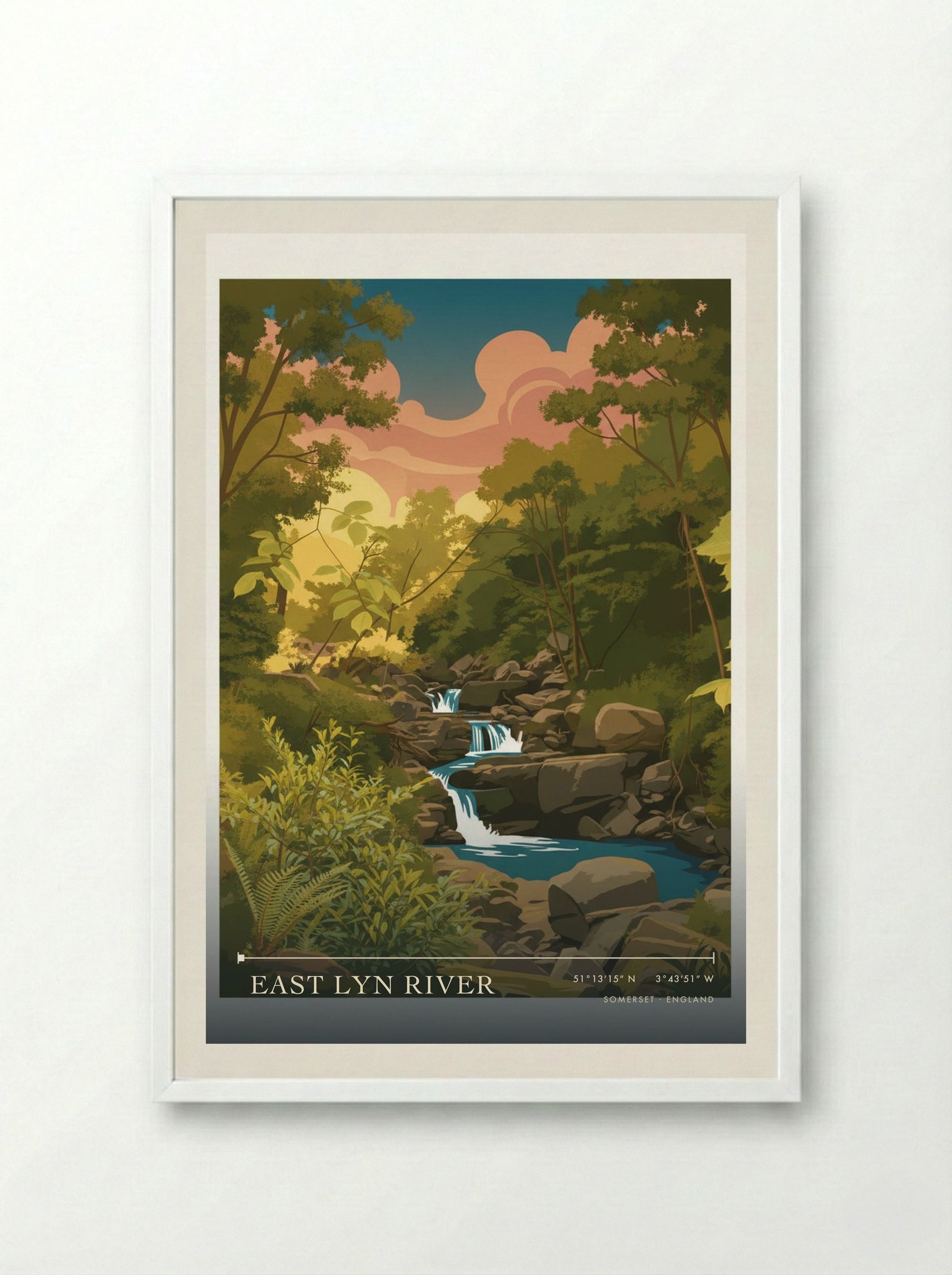 East Lyn River Somerset England Travel Poster - Framed Print White