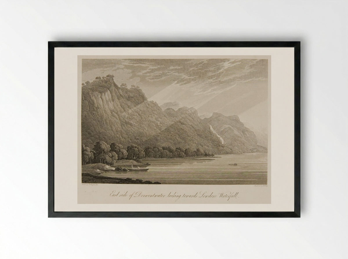East side of Derwentwater looking towards Lowdore Waterfall - F.R. Hay - Framed Print Black