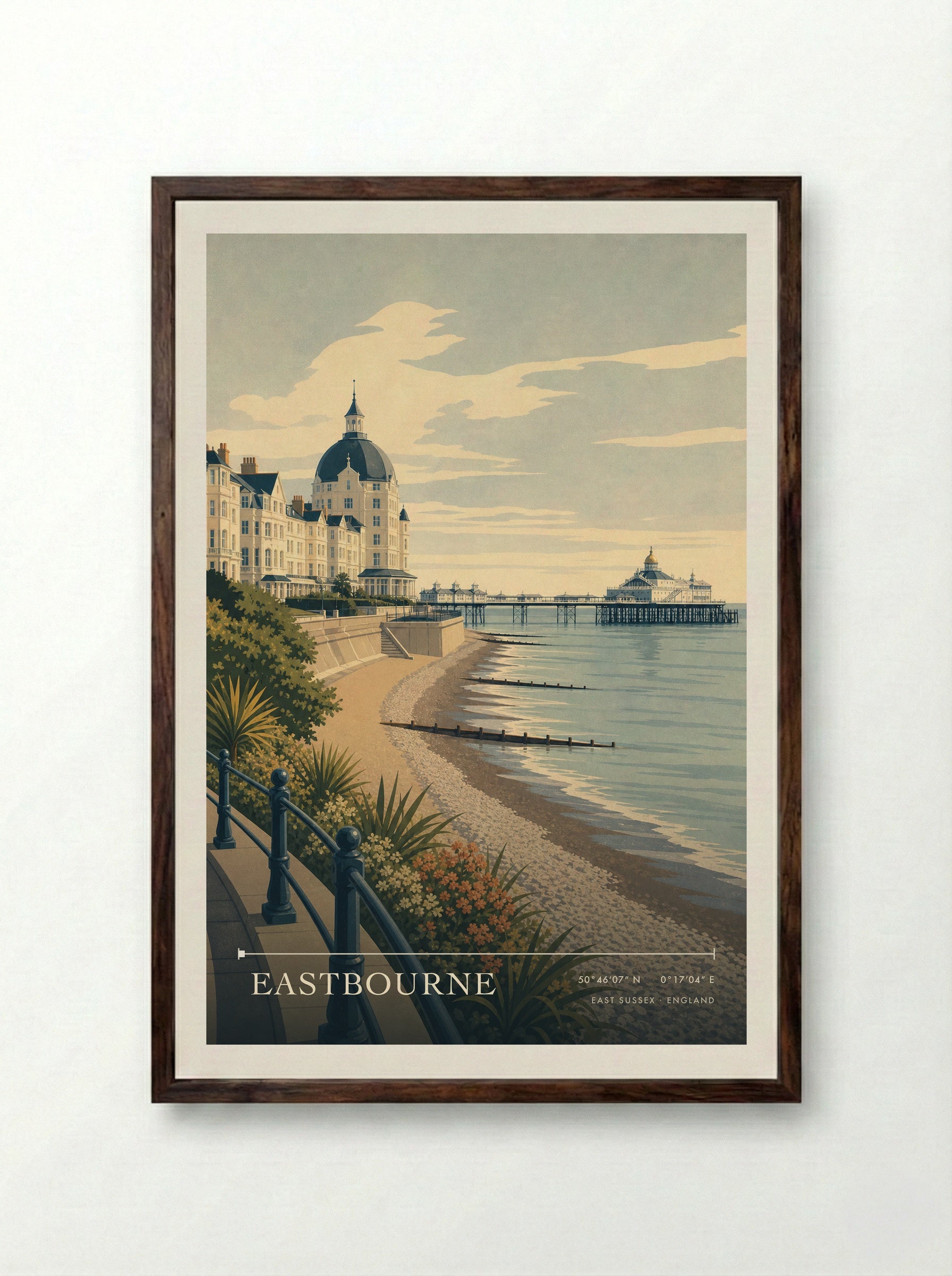 Eastbourne East Sussex England Travel Poster - Framed Print Dark Wood