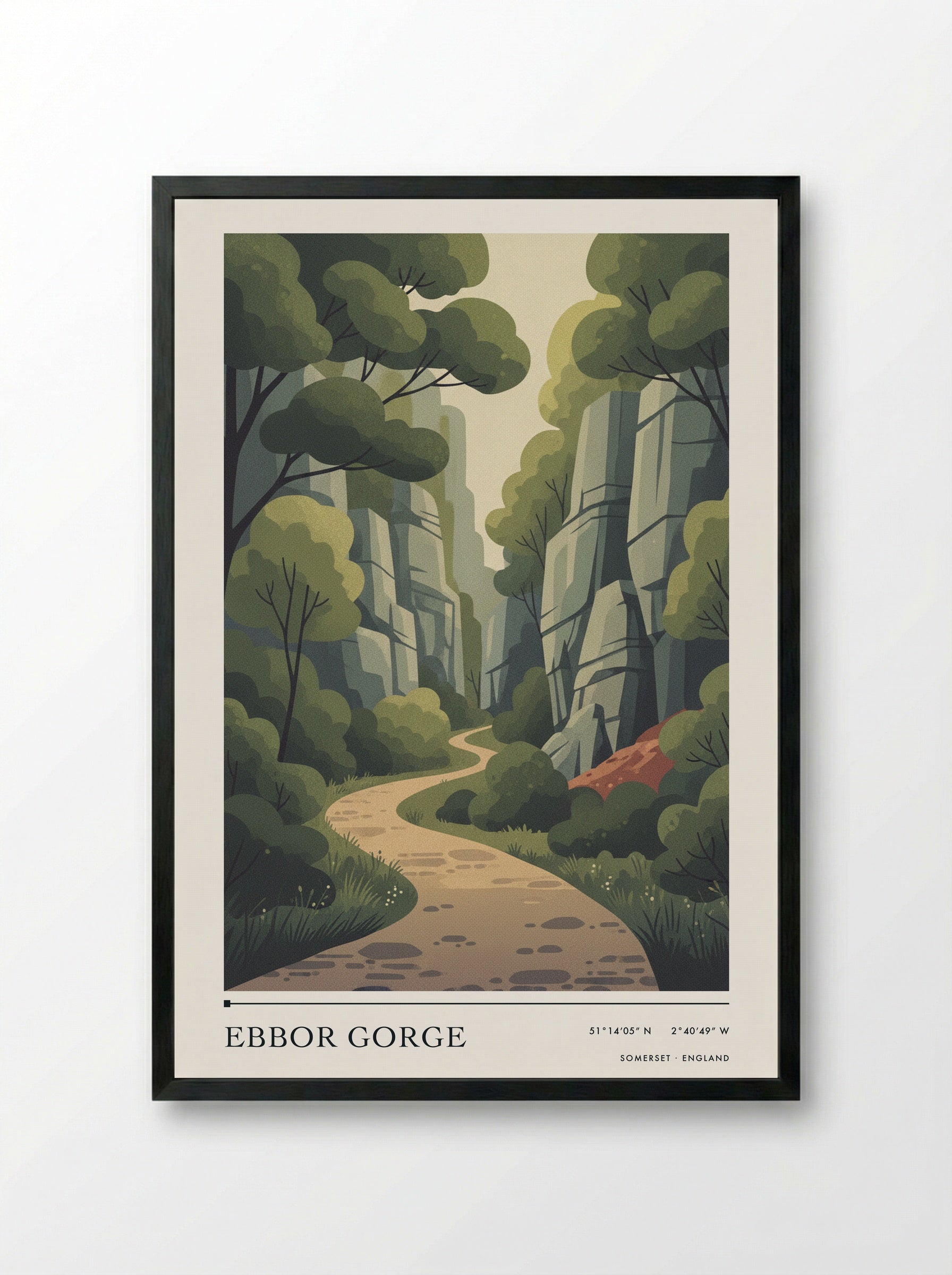 Ebbor Gorge Somerset England Travel Poster - Framed Print Black