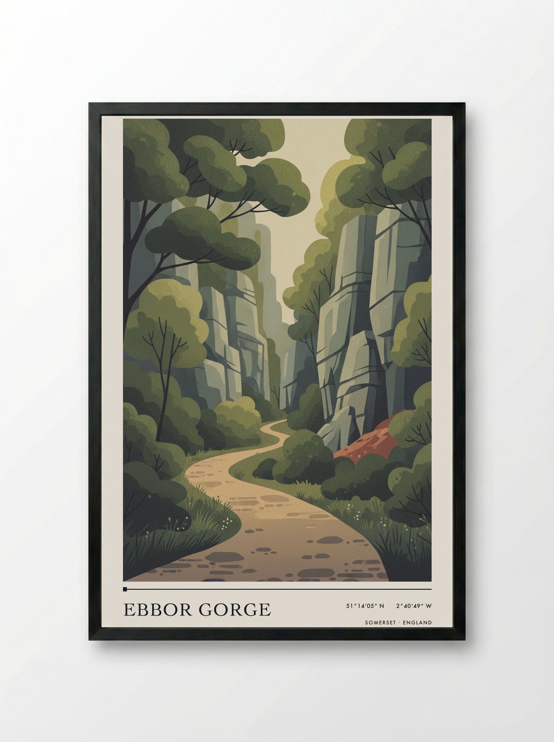 Ebbor Gorge Somerset England Travel Poster - Framed Print Black