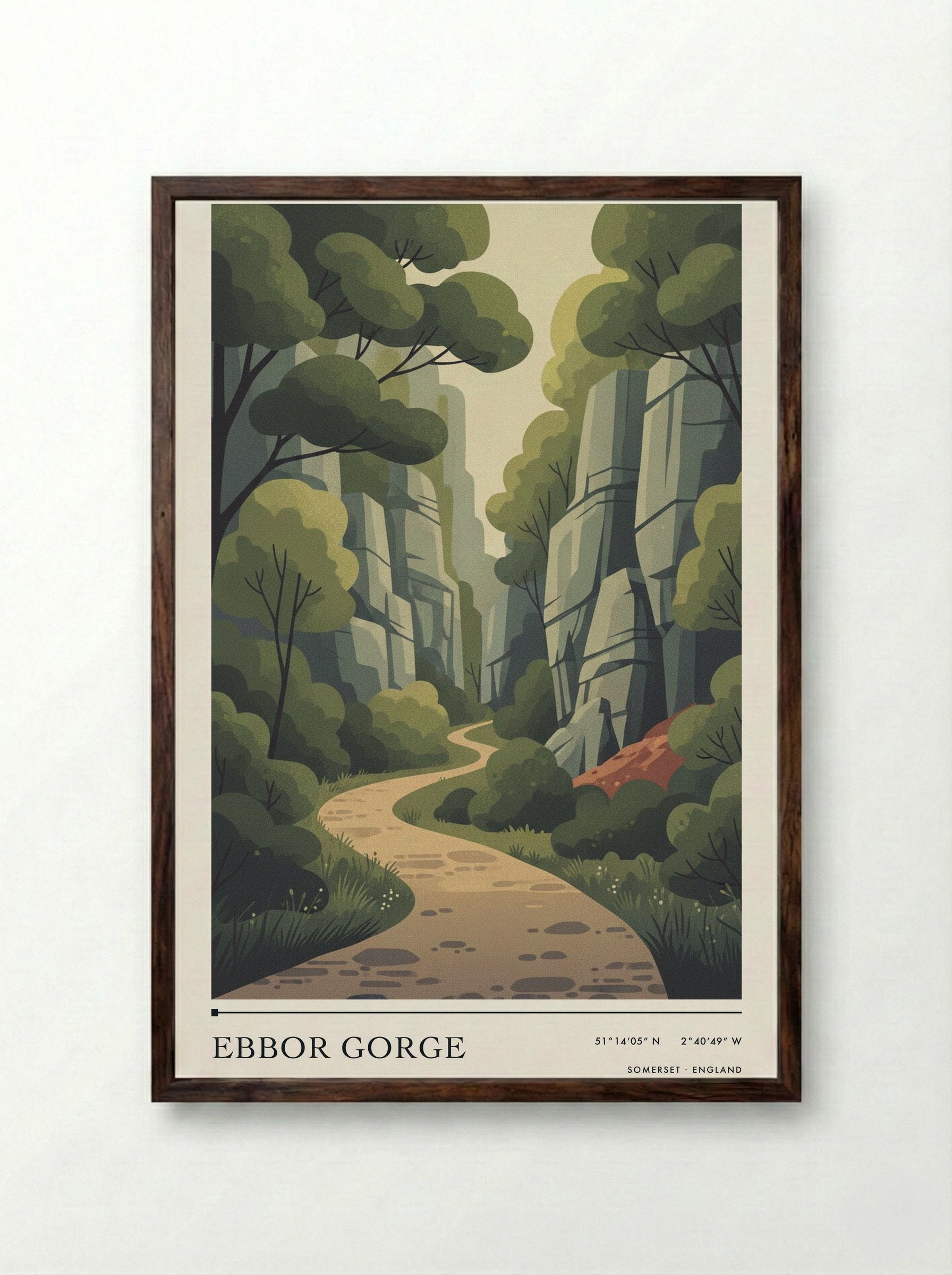 Ebbor Gorge Somerset England Travel Poster - Framed Print Dark Wood