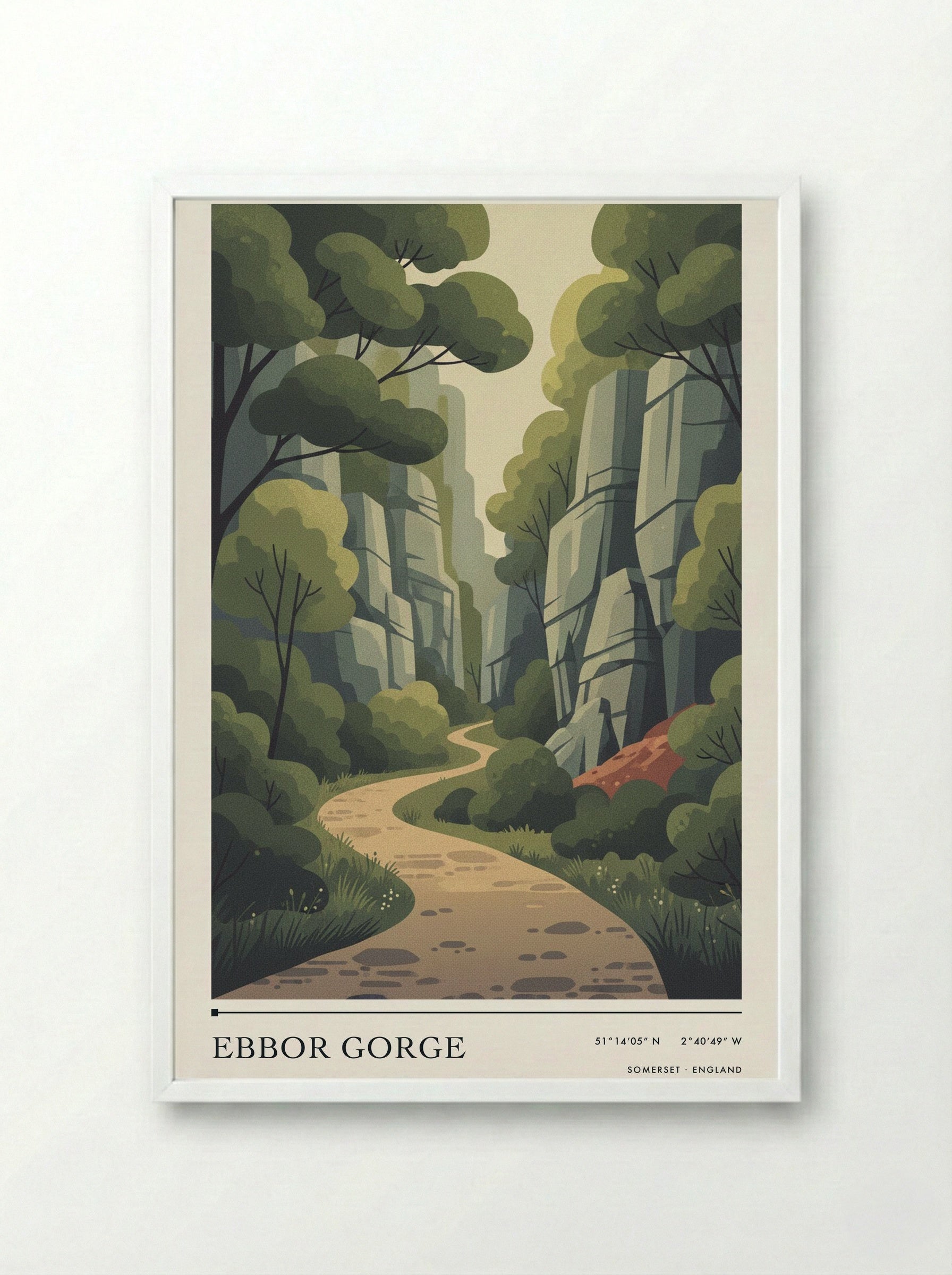 Ebbor Gorge Somerset England Travel Poster - Framed Print White
