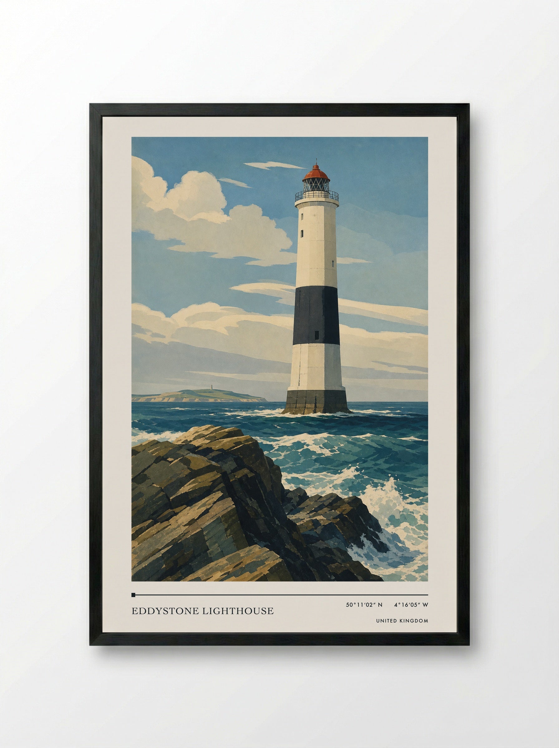 Eddystone Lighthouse United Kingdom Travel Poster - Framed Print Black