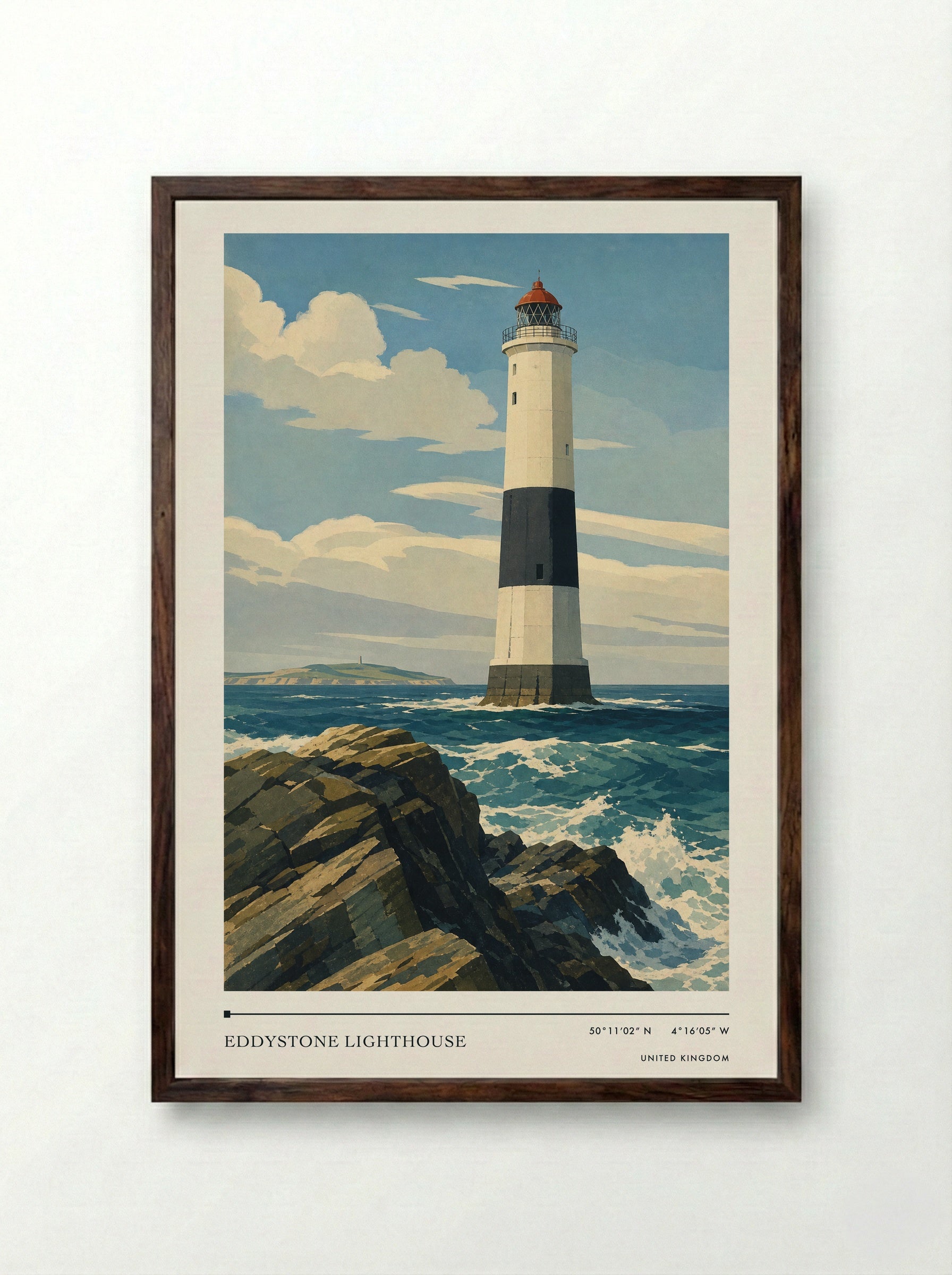 Eddystone Lighthouse United Kingdom Travel Poster - Framed Print Dark Wood