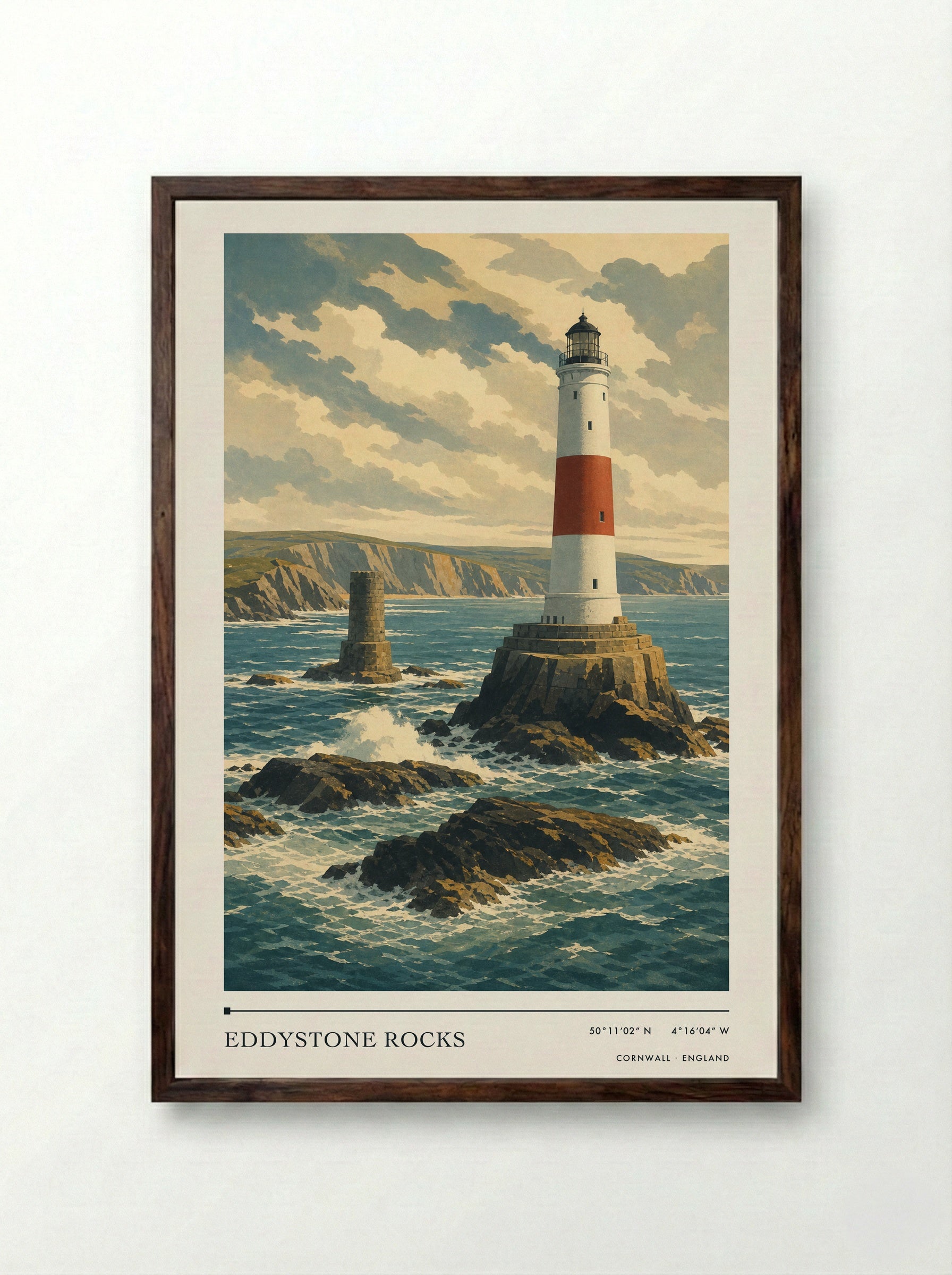 Eddystone Rocks Cornwall England Travel Poster - Framed Print Dark Wood