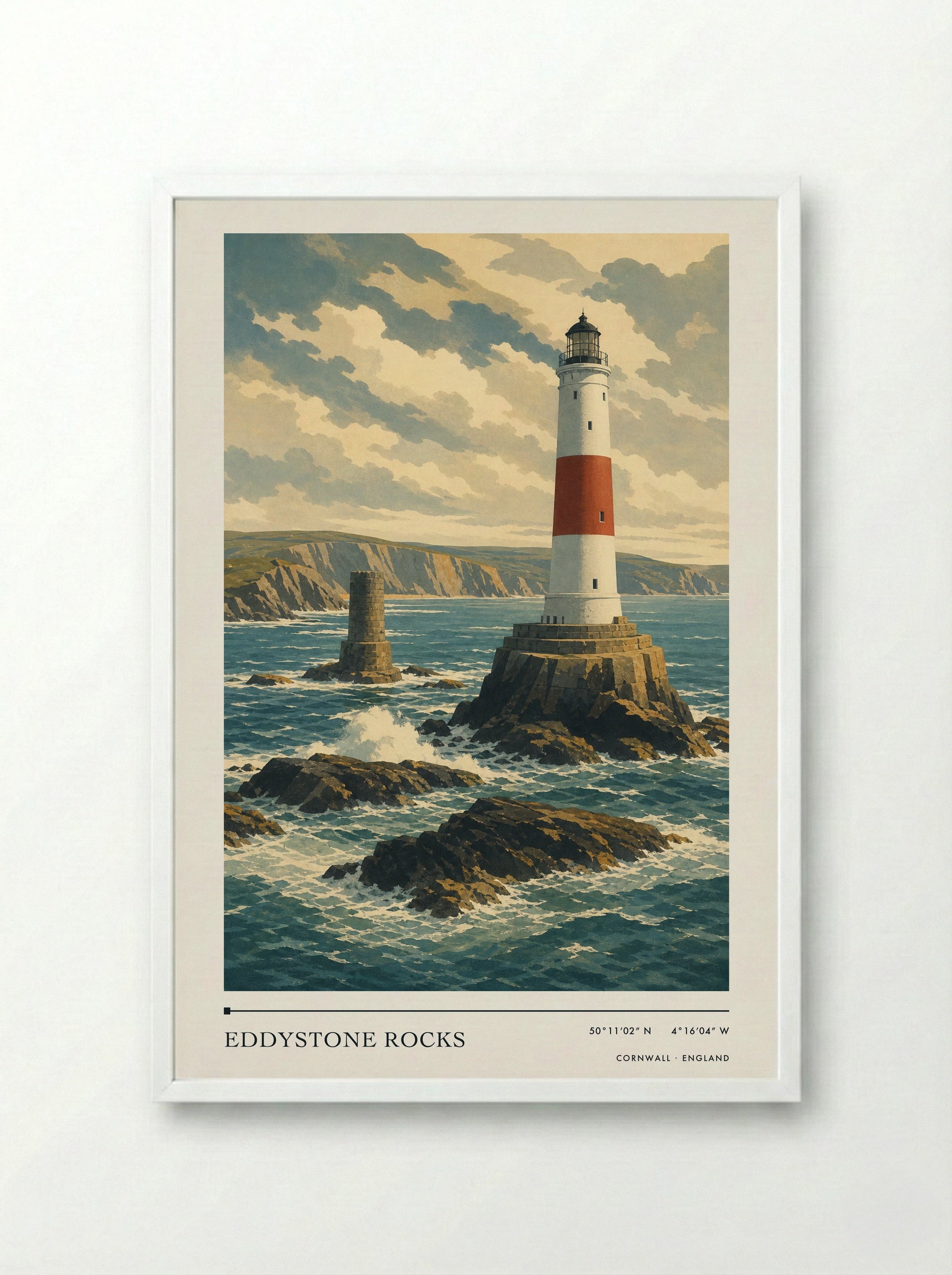 Eddystone Rocks Cornwall England Travel Poster - Framed Print White