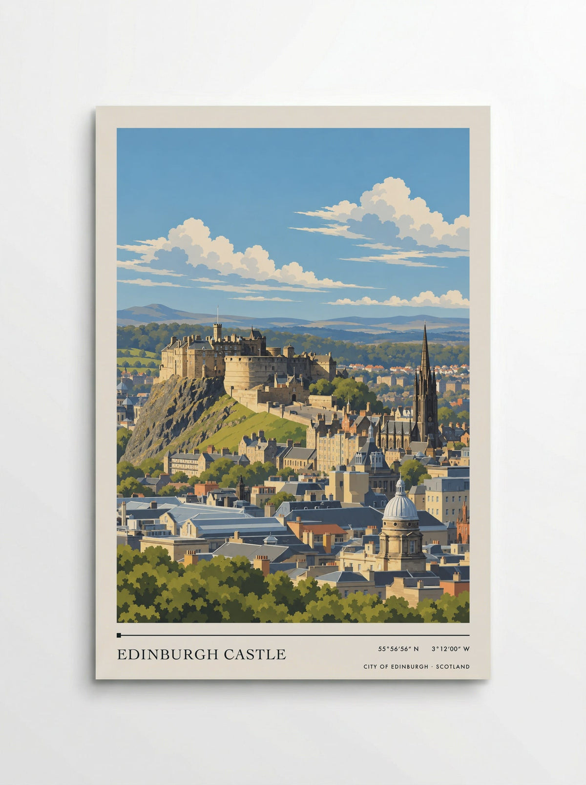 Edinburgh Castle, City of Edinburgh travel poster: pale walls, a rounded bastion and city spires beneath a softly clouded summer sky