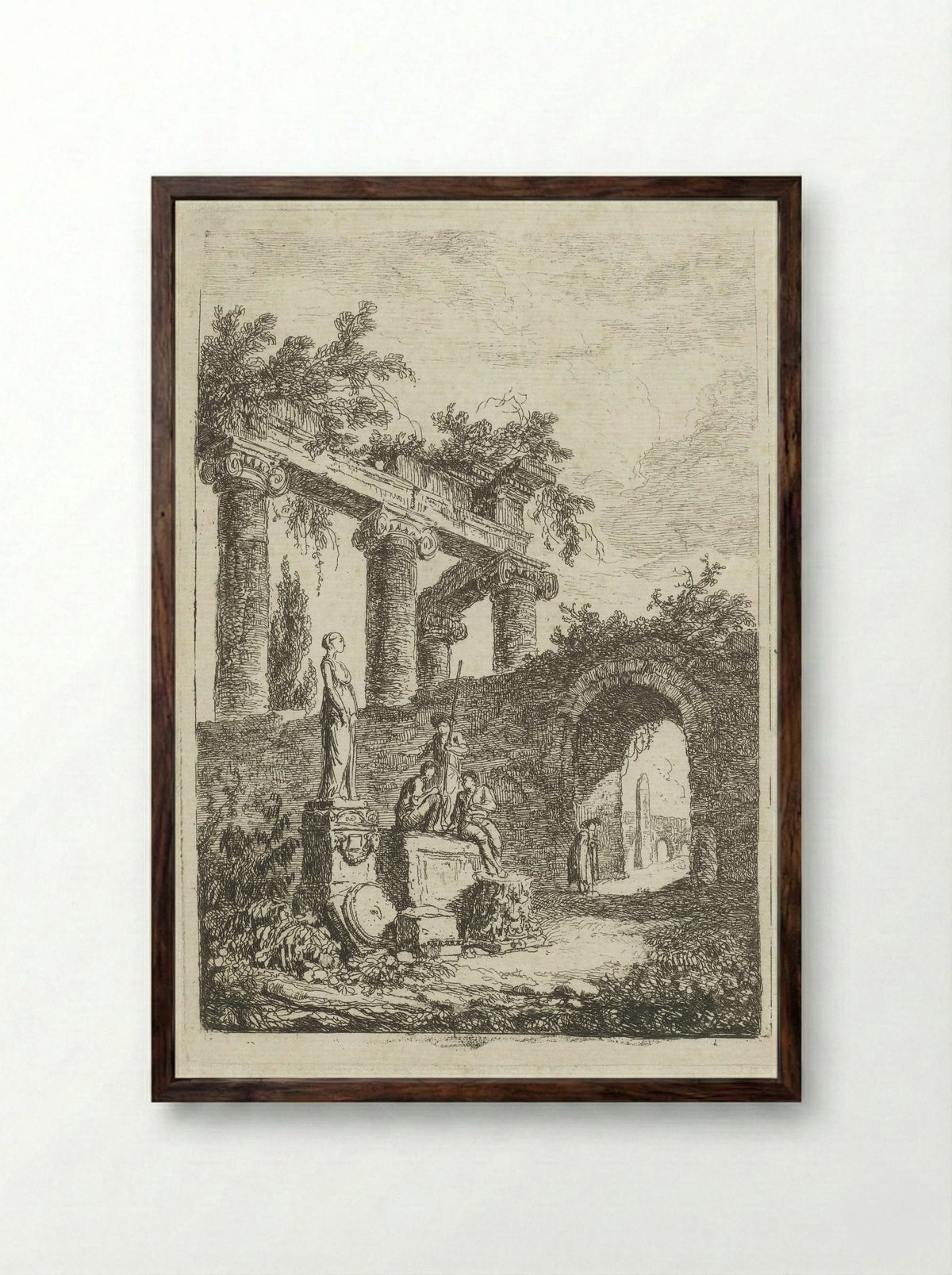 Een beeld voor een ruïne - Hubert Robert - Framed Print Dark Wood
