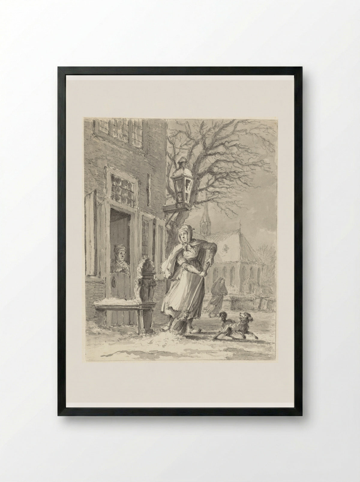 Een dienstmeid ruimt sneeuw voor een huis - Johannes Jelgerhuis - Framed Print Black
