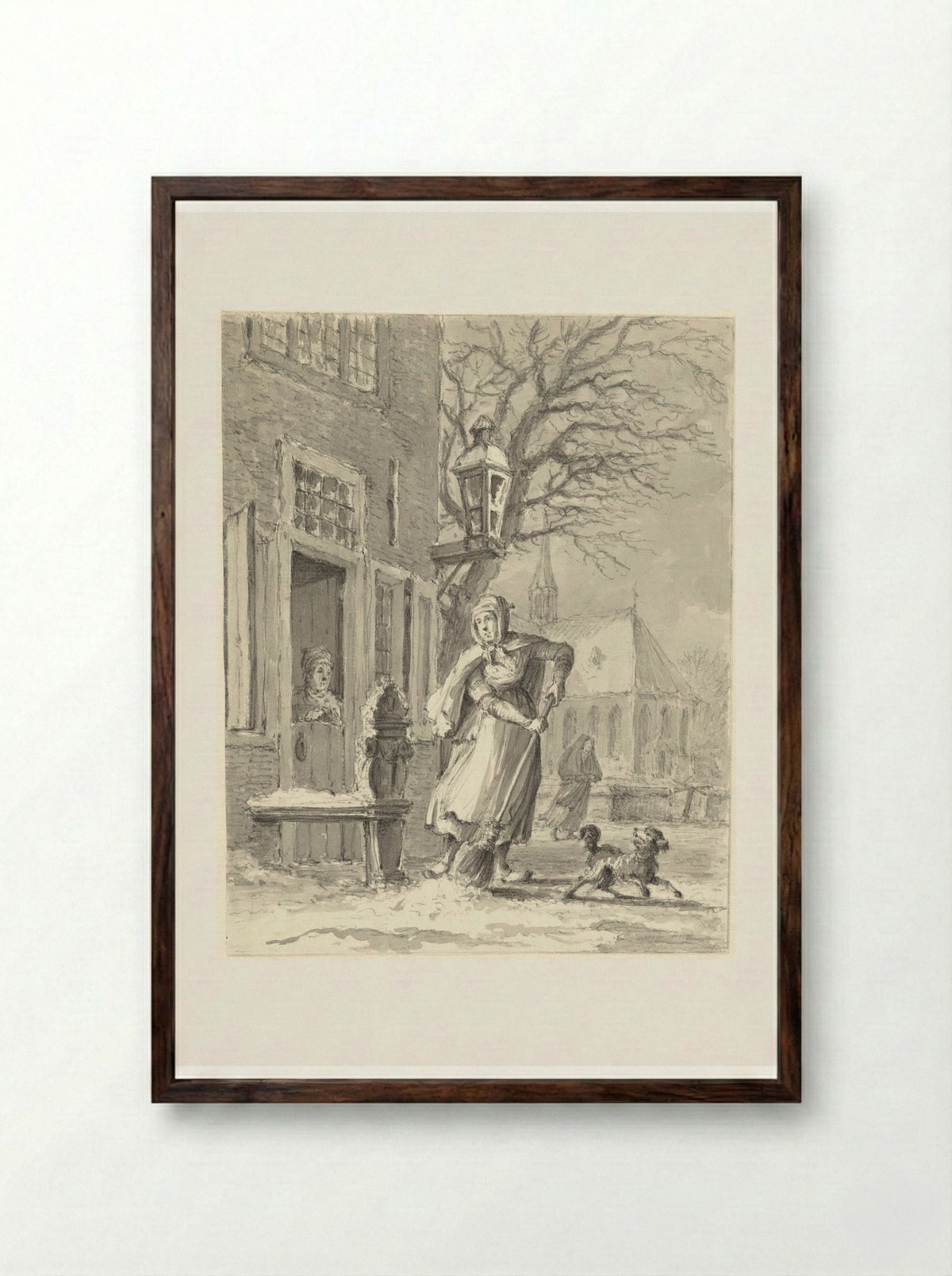 Een dienstmeid ruimt sneeuw voor een huis - Johannes Jelgerhuis - Framed Print Dark Wood