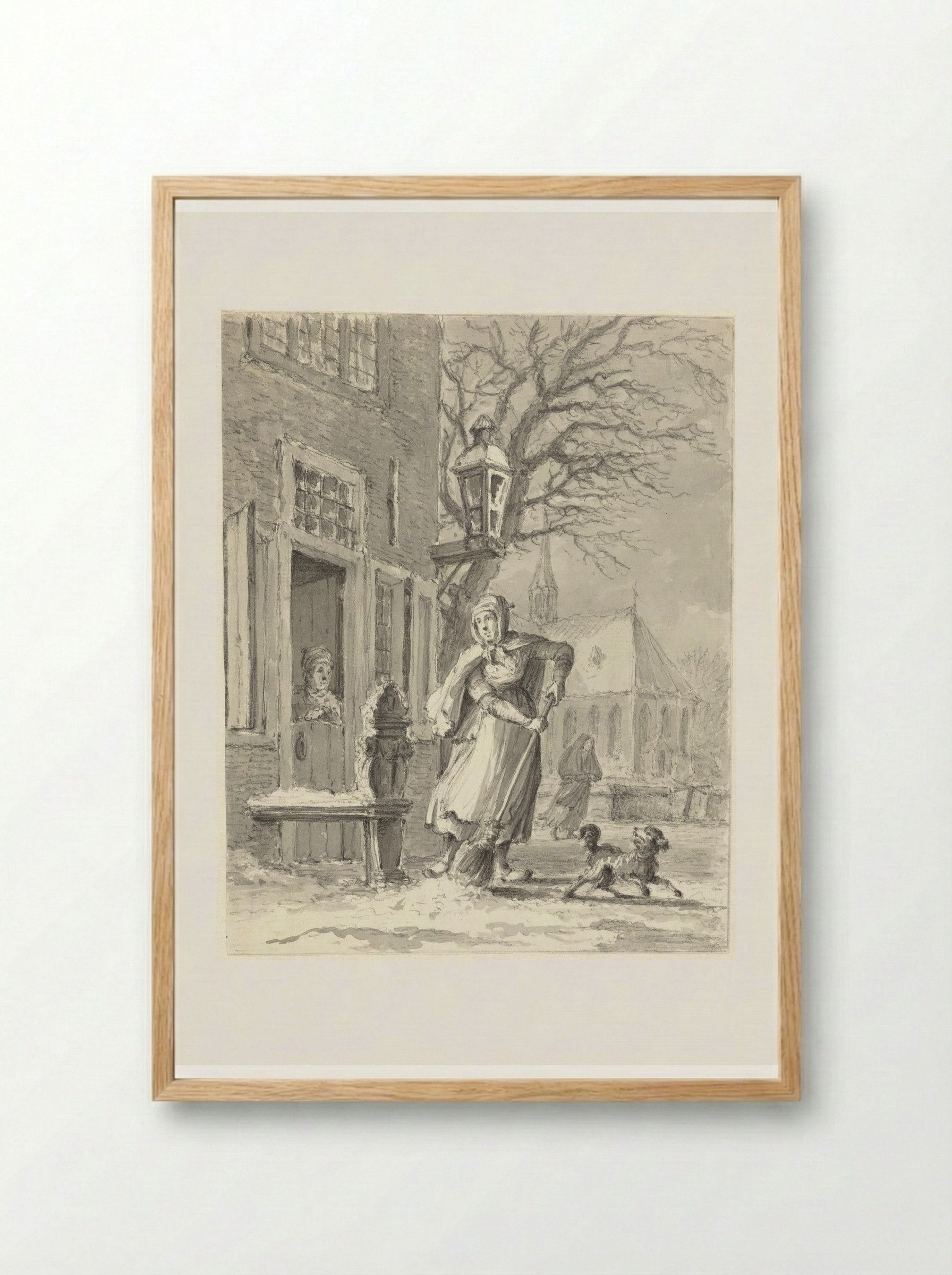 Een dienstmeid ruimt sneeuw voor een huis - Johannes Jelgerhuis - Framed Print Wood