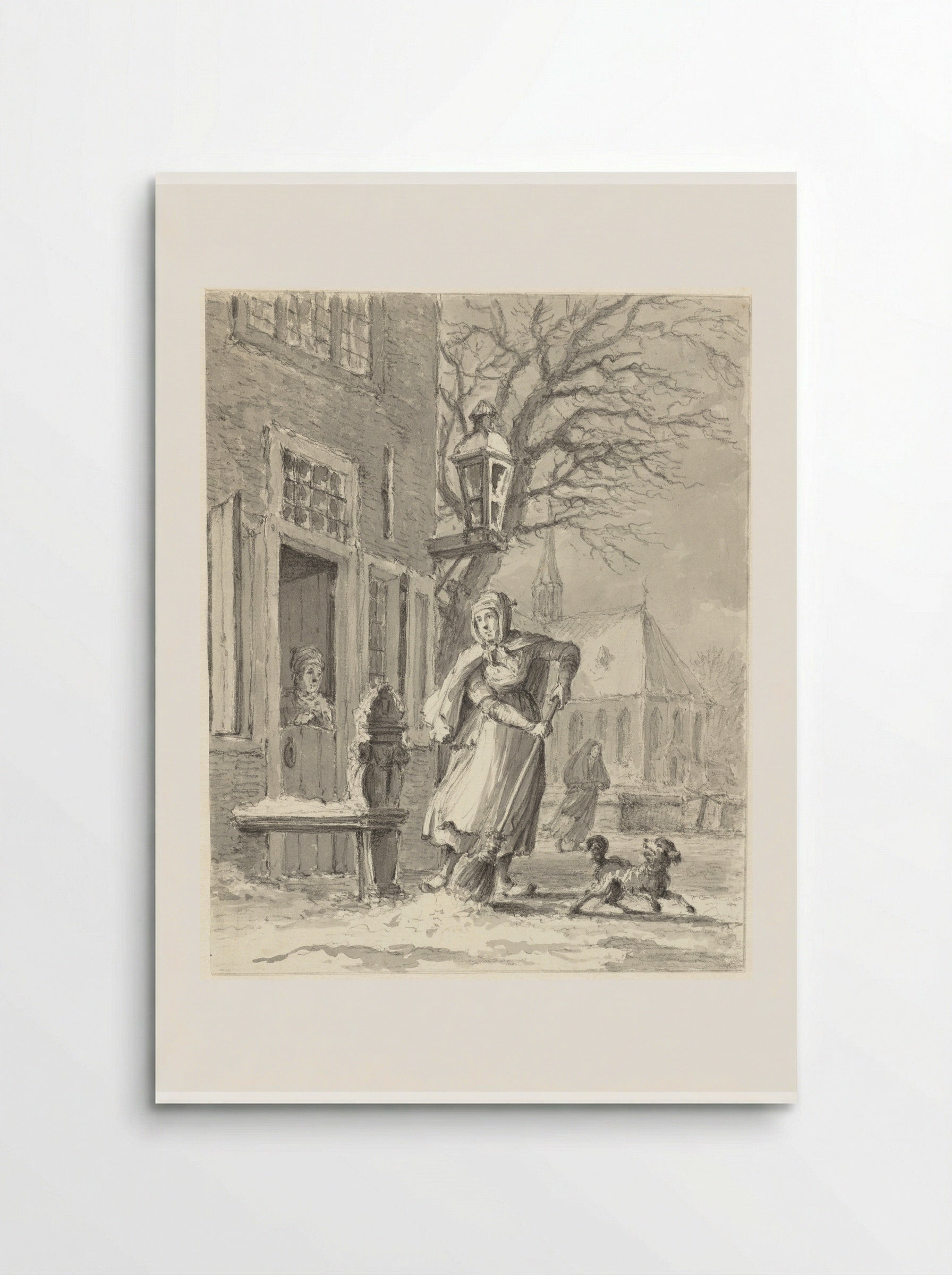 Een dienstmeid ruimt sneeuw voor een huis - Johannes Jelgerhuis - Poster