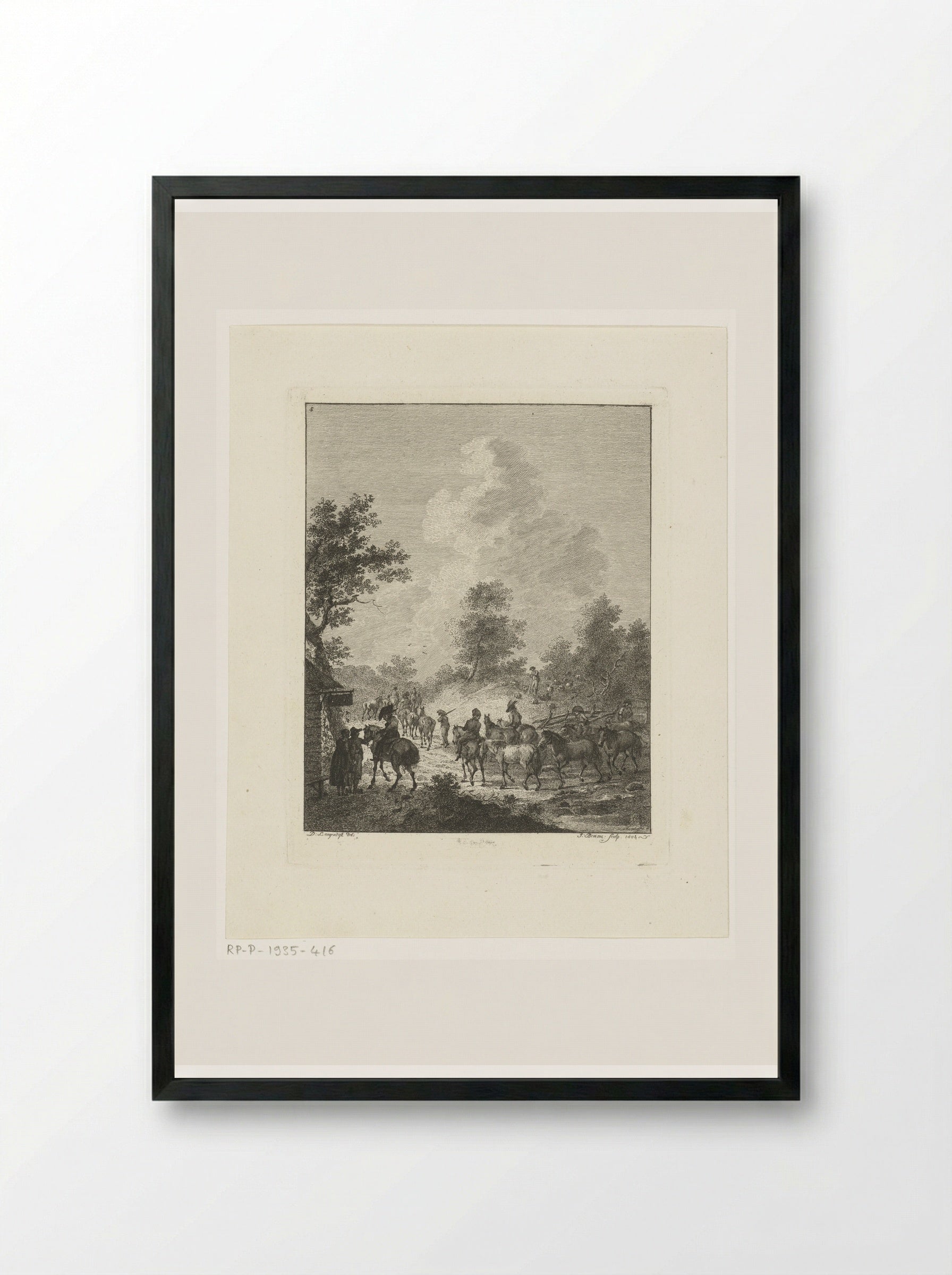 Een groep cavaleriepaarden bij een herberg - Joannes Bemme - Framed Print Black